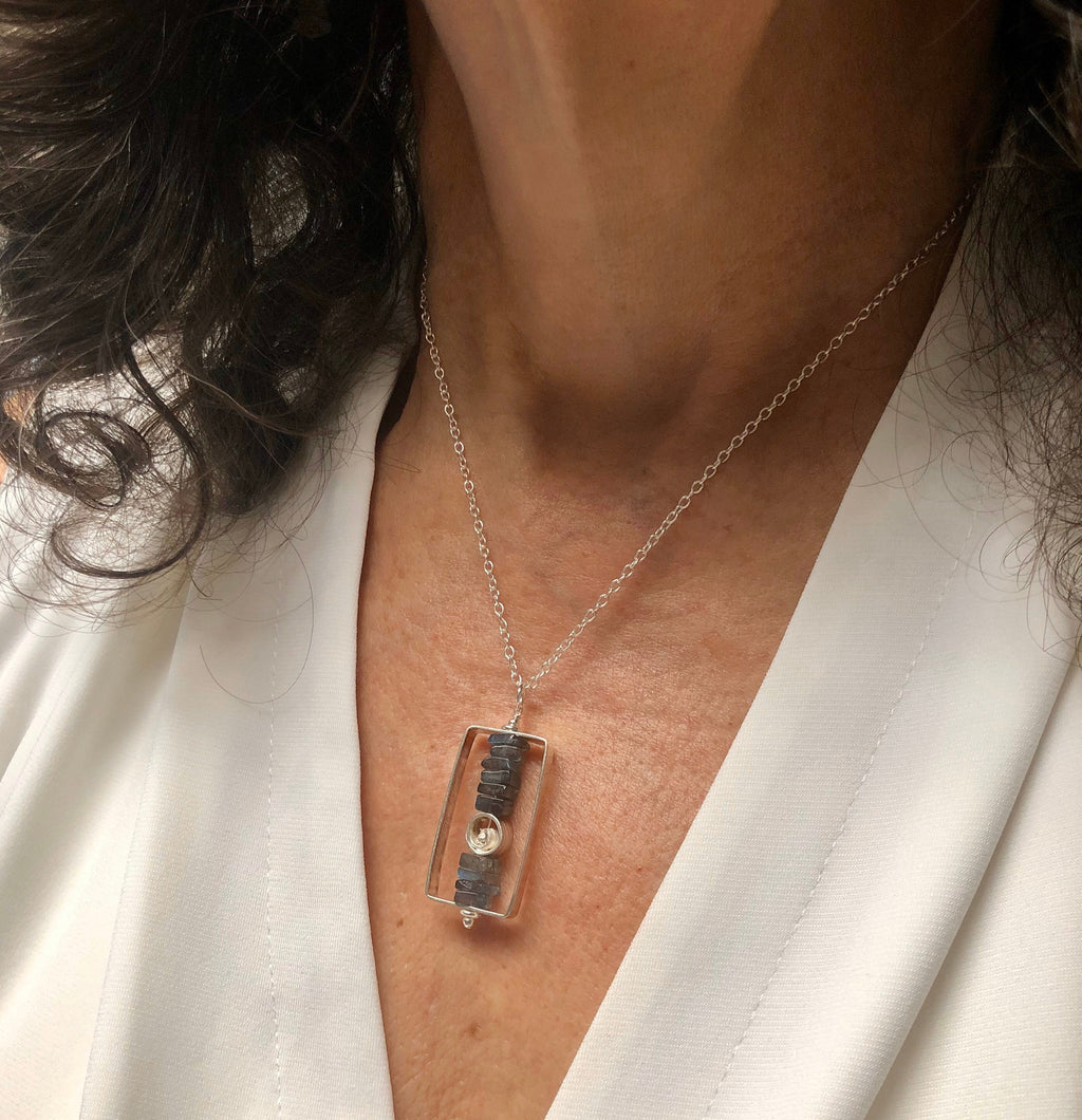 MossberryandStone Stacked Labradorite Pendant Necklace Sterling Silver Rectangle