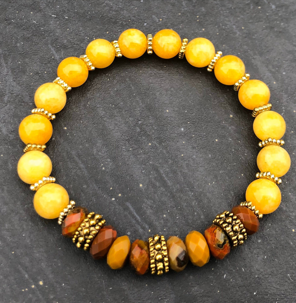 Warm Honey Jade Bracelet, Mookaite Bracelet, Antiqued Gold Bracelet, Beaded Bracelet, Stretch Bracelet, Stackable Bracelet