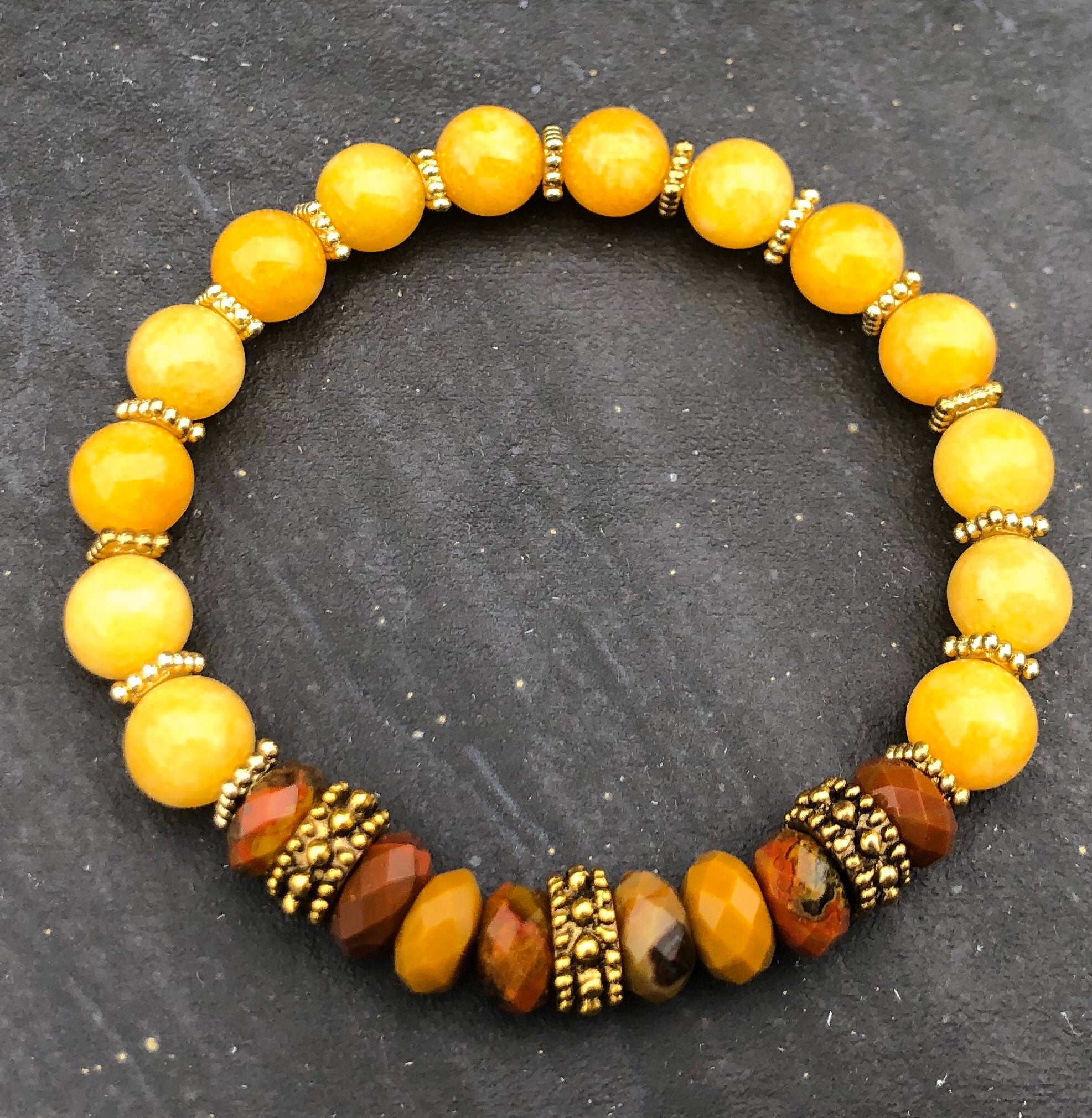 Warm Honey Jade Bracelet, Mookaite Bracelet, Antiqued Gold Bracelet, Beaded Bracelet, Stretch Bracelet, Stackable Bracelet