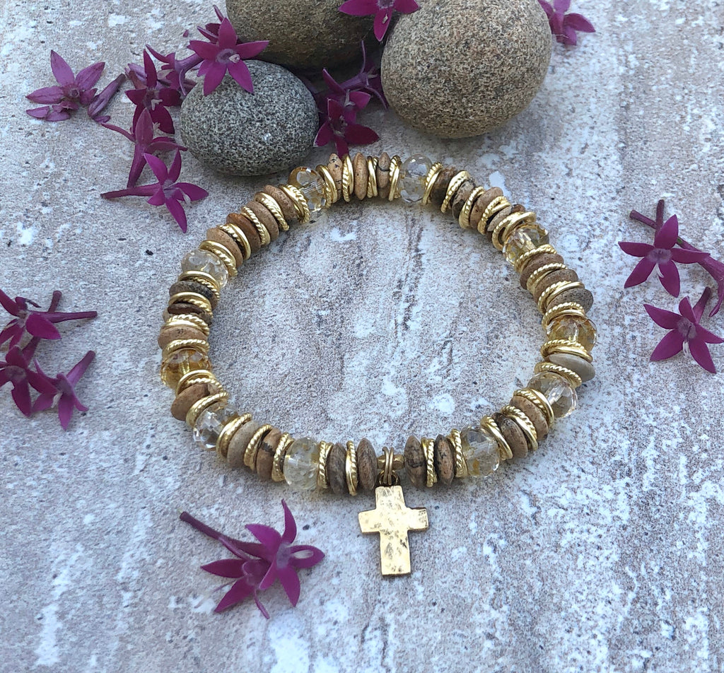 MossberryandStone Rustic Cross Beaded Bracelet Picture Jasper 8mm