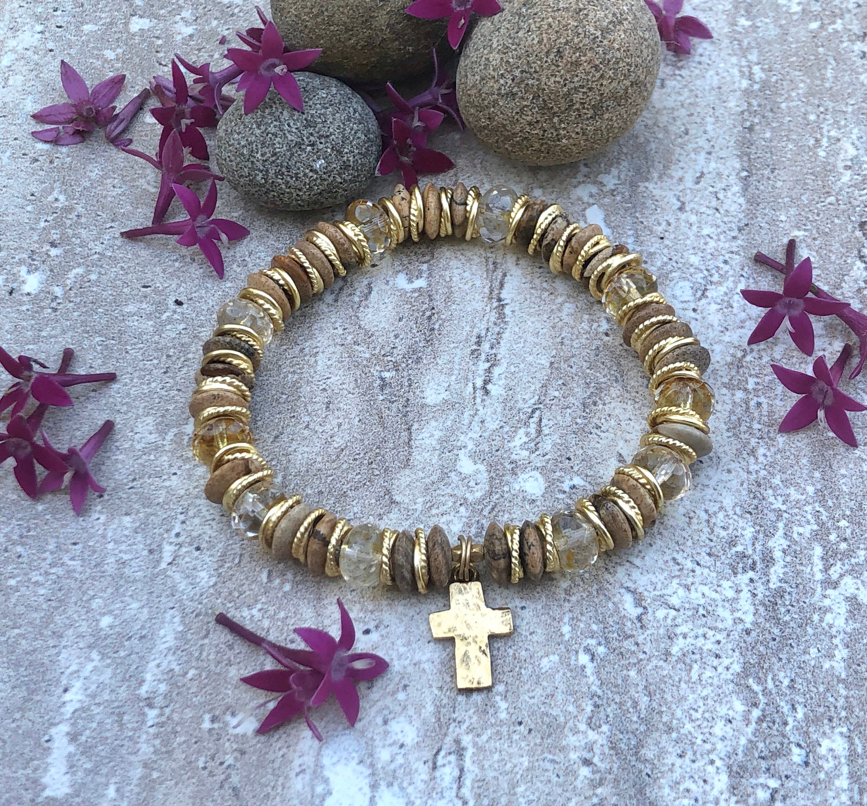 MossberryandStone Rustic Cross Beaded Bracelet Picture Jasper 8mm