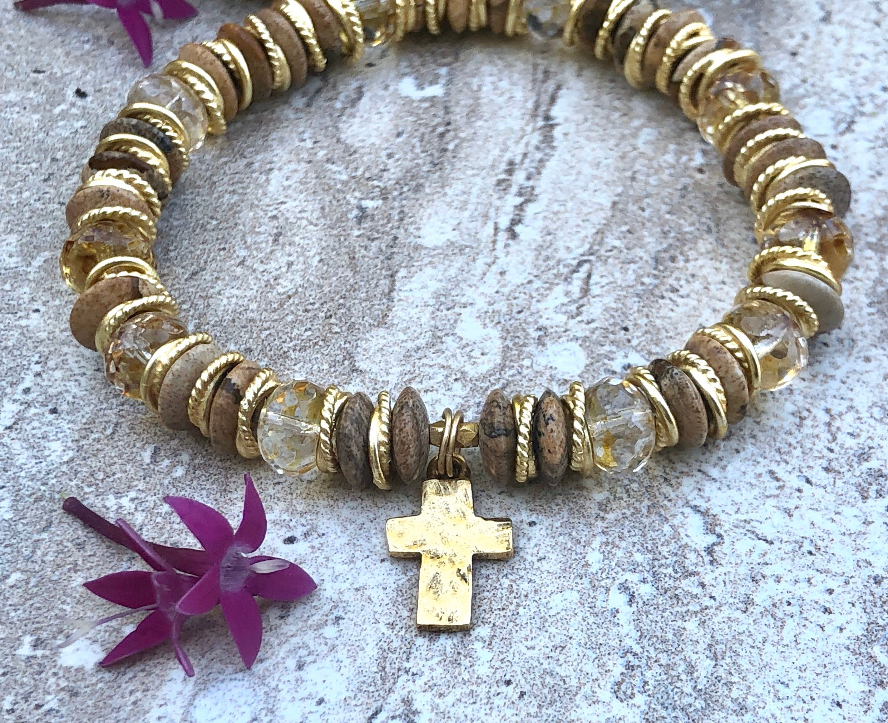 MossberryandStone Rustic Cross Beaded Bracelet Picture Jasper 8mm