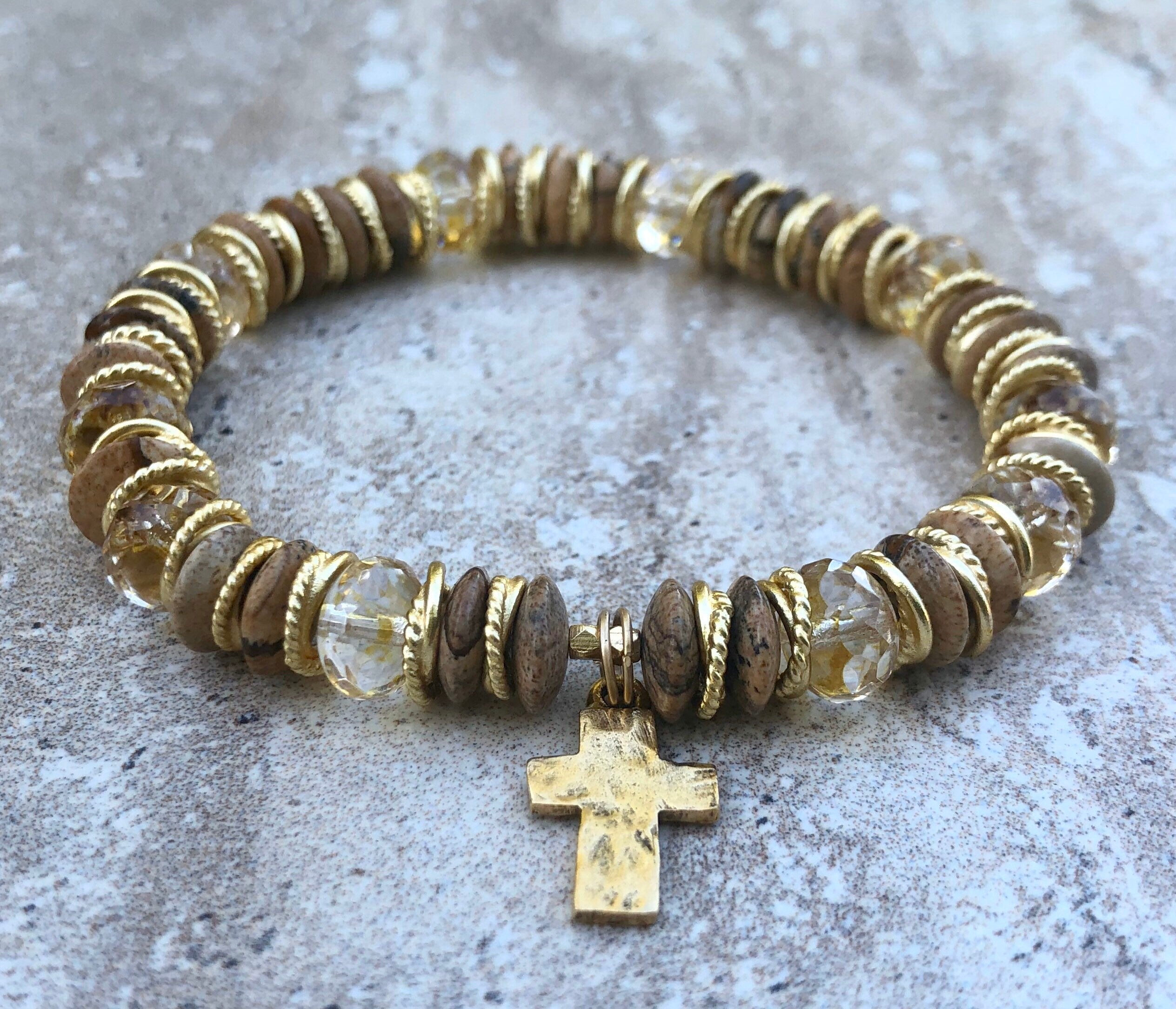 MossberryandStone Rustic Cross Beaded Bracelet Picture Jasper 8mm