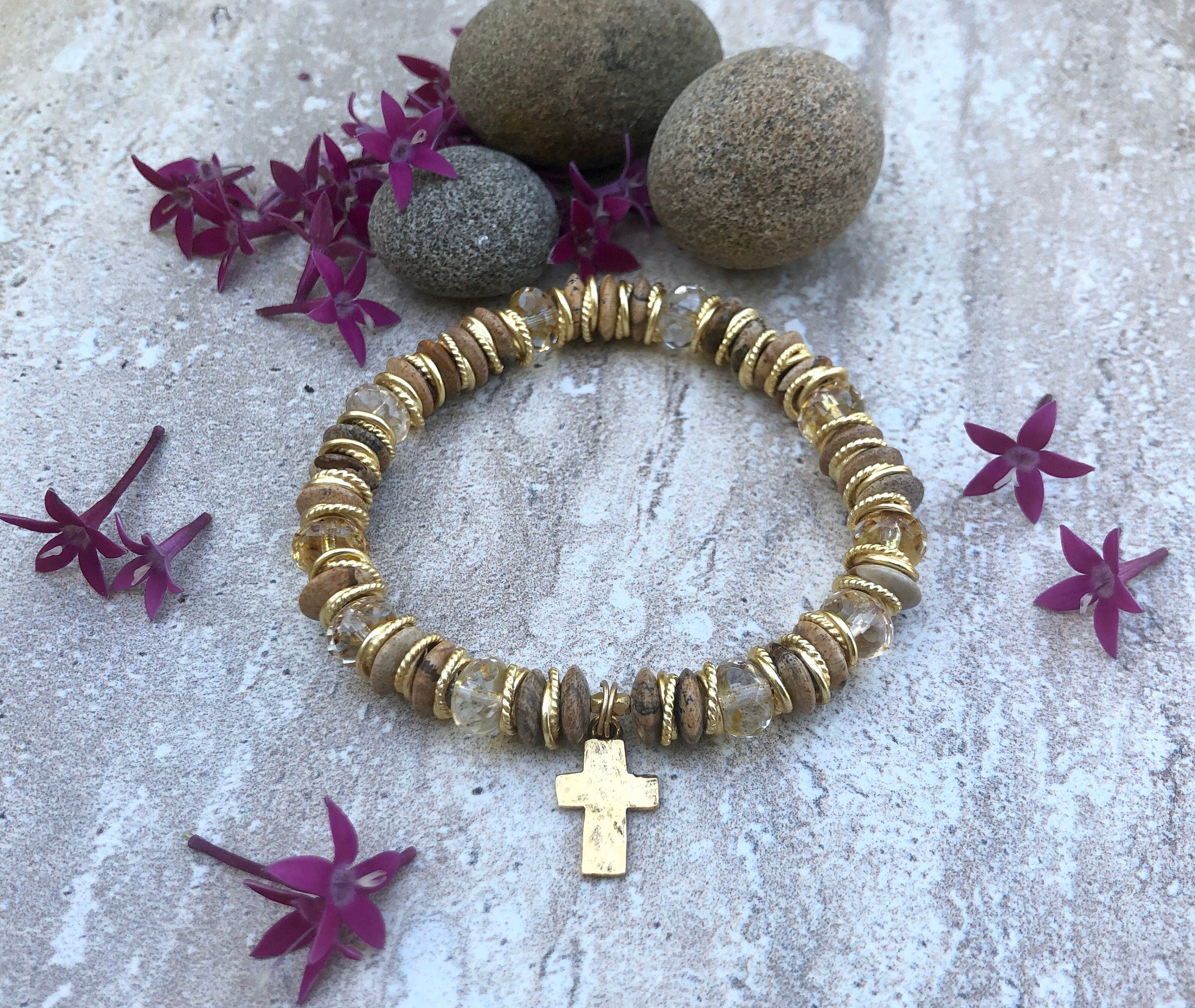 MossberryandStone Rustic Cross Beaded Bracelet Picture Jasper 8mm