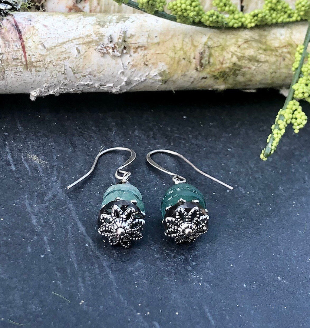 MossberryandStone Roman Glass and Smoky Quartz Dangle Earrings
