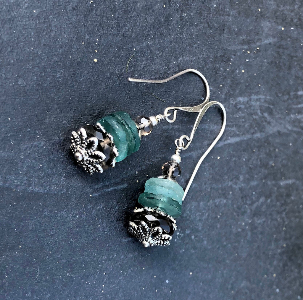 MossberryandStone Roman Glass and Smoky Quartz Dangle Earrings