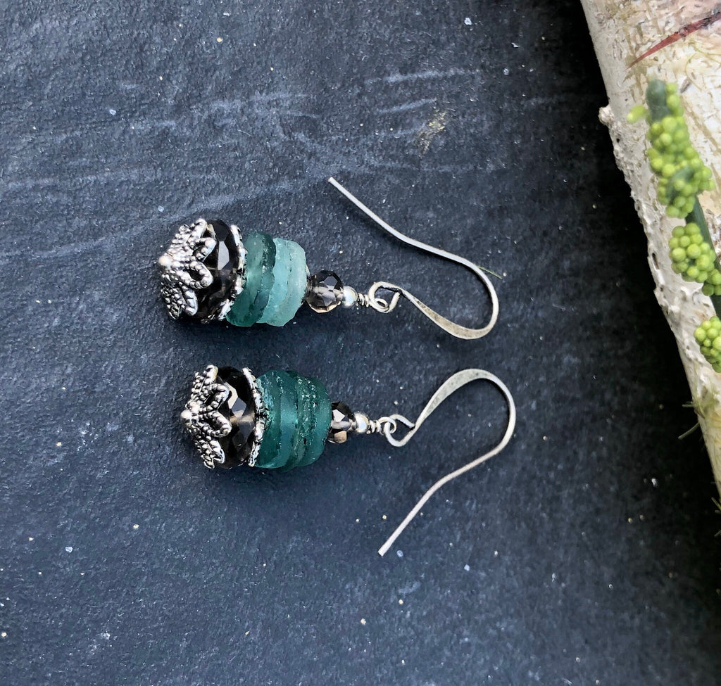 MossberryandStone Roman Glass and Smoky Quartz Dangle Earrings