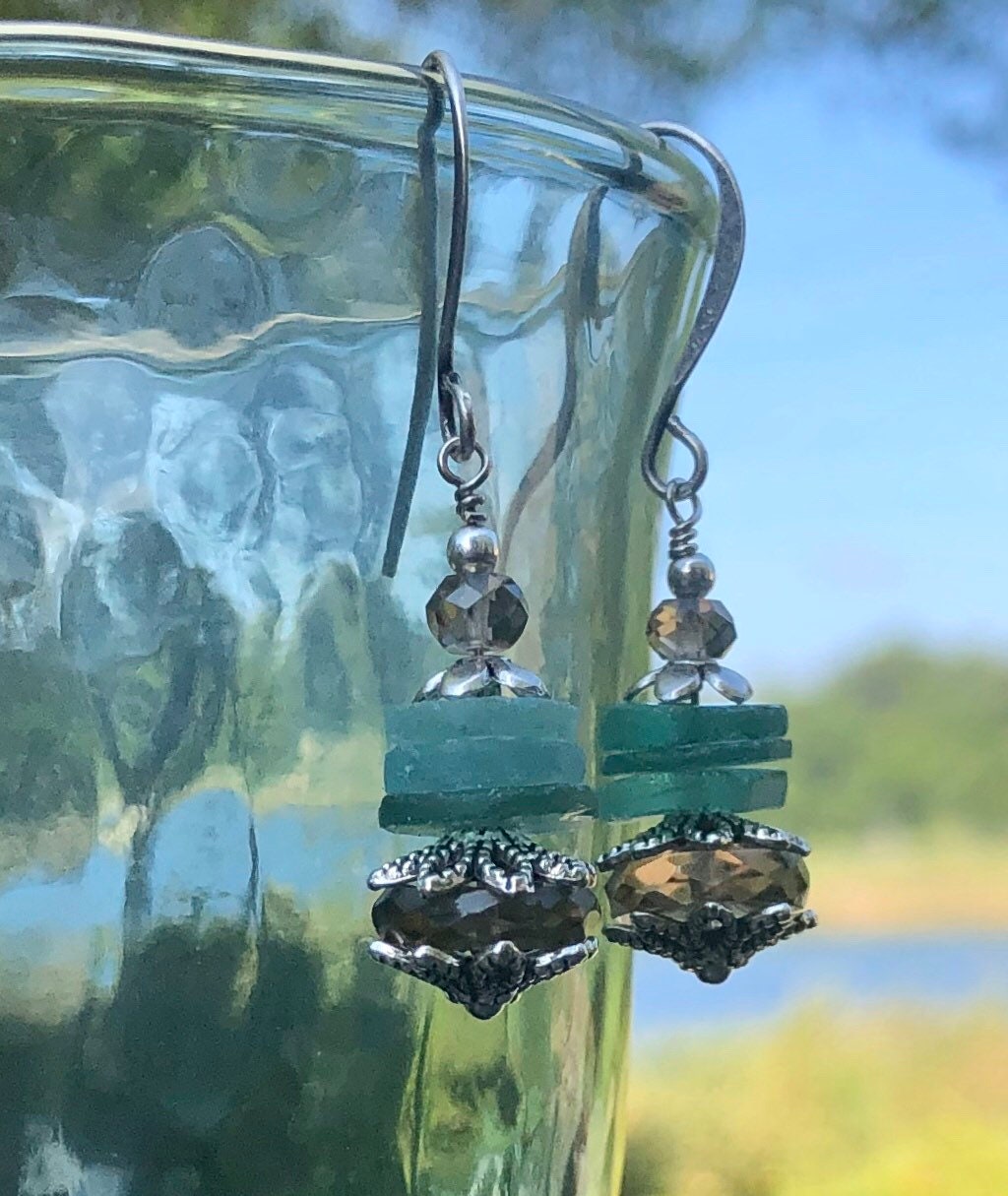 MossberryandStone Roman Glass and Smoky Quartz Dangle Earrings