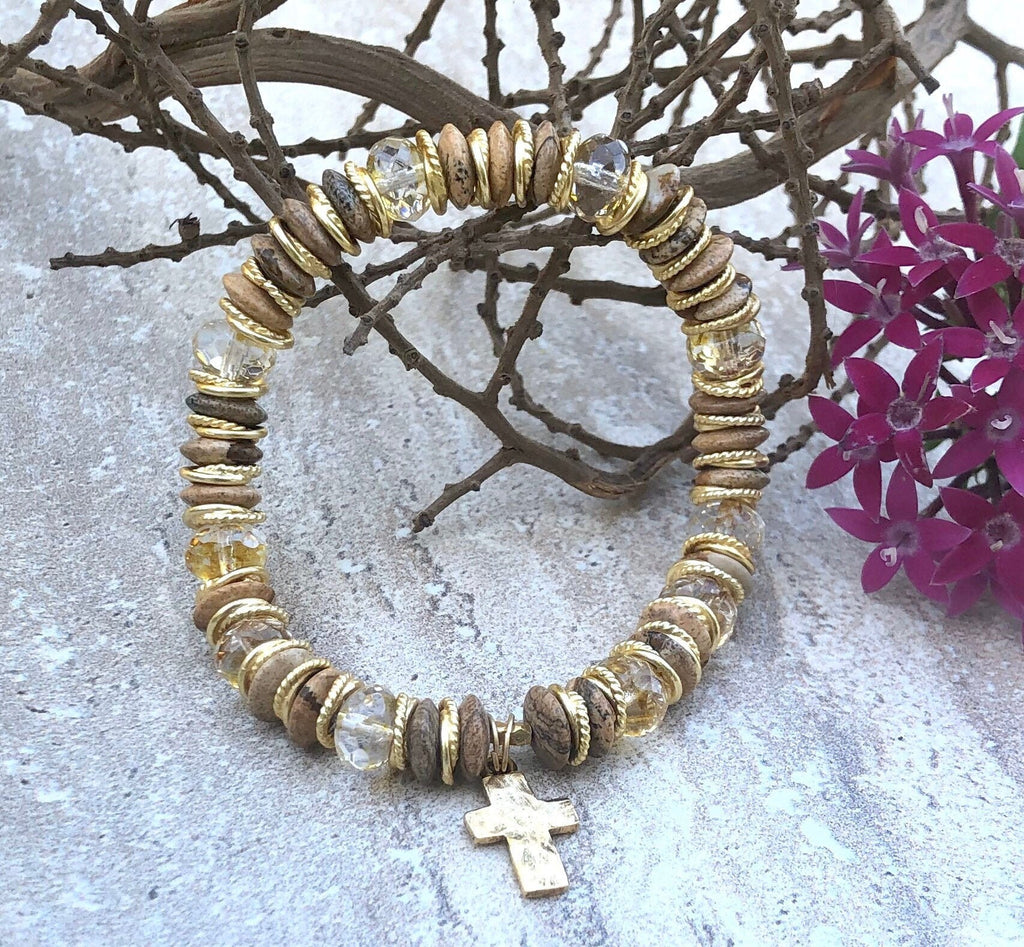 MossberryandStone Rustic Cross Beaded Bracelet Picture Jasper 8mm