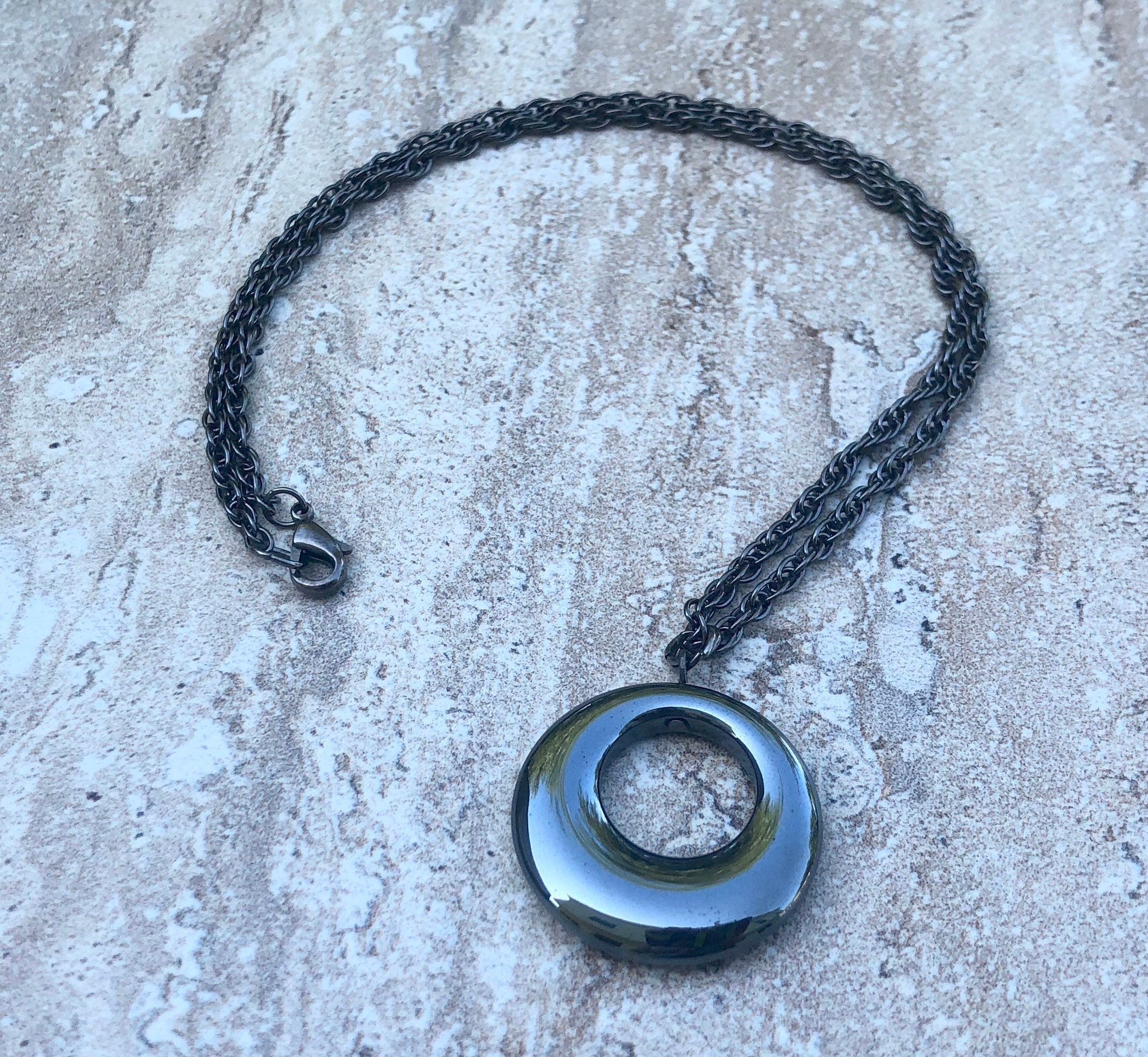 MossberryandStone Mod Circle Pendant Necklace Oxidized Silver Rope Chain