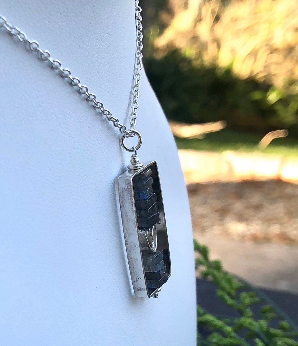 MossberryandStone Stacked Labradorite Pendant Necklace Sterling Silver Rectangle
