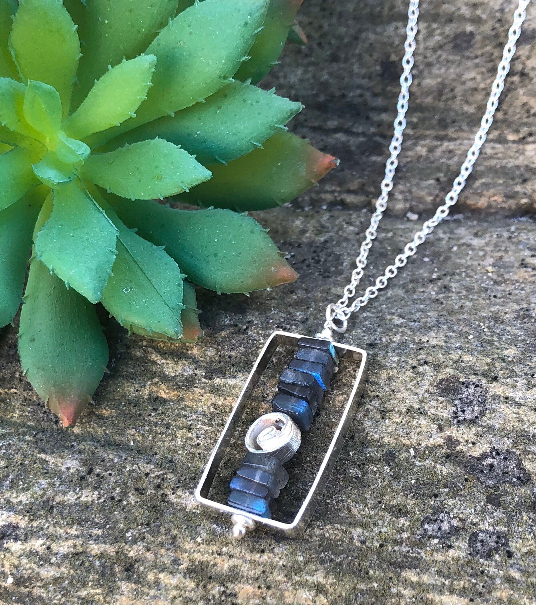 MossberryandStone Stacked Labradorite Pendant Necklace Sterling Silver Rectangle