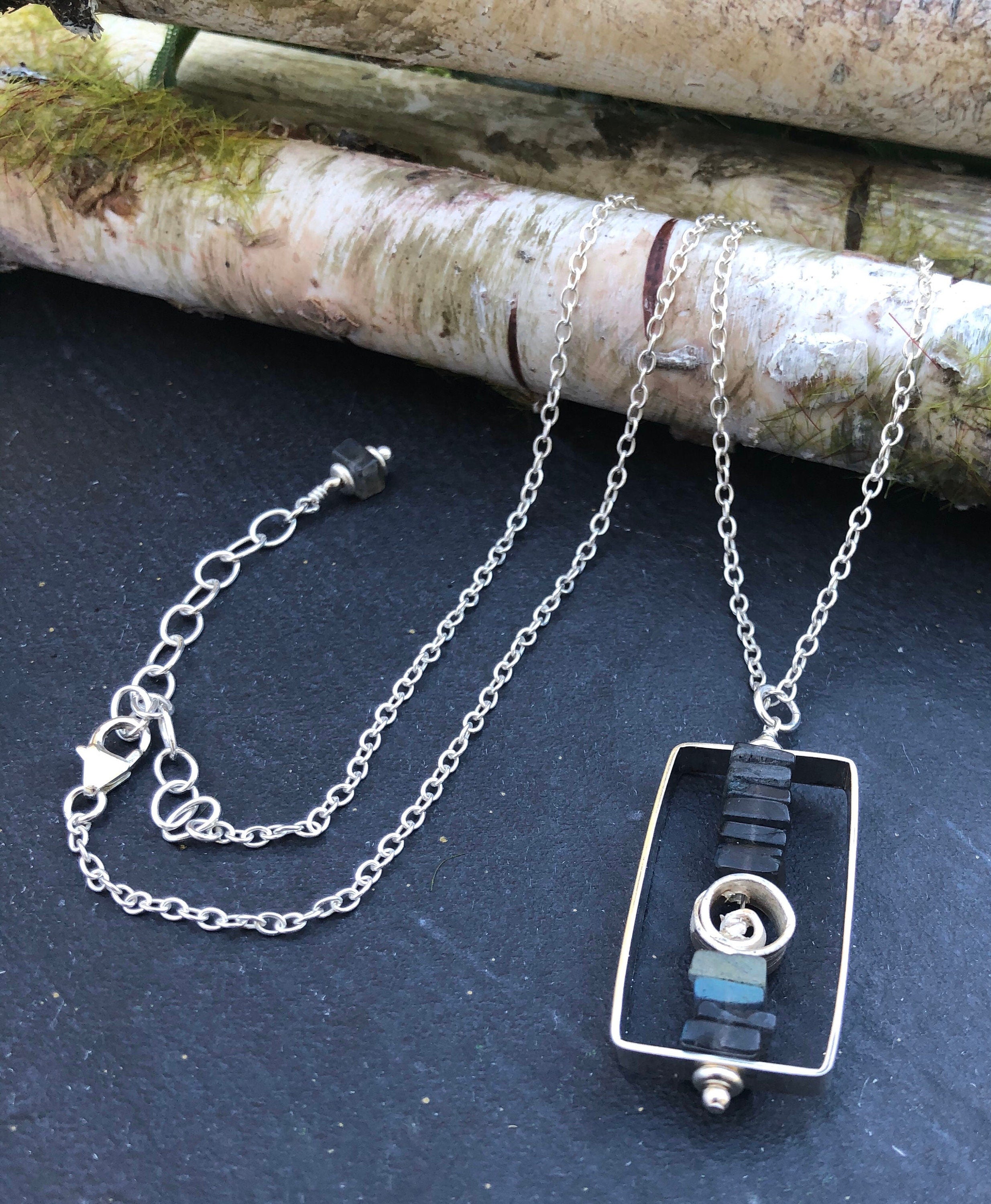 MossberryandStone Stacked Labradorite Pendant Necklace Sterling Silver Rectangle
