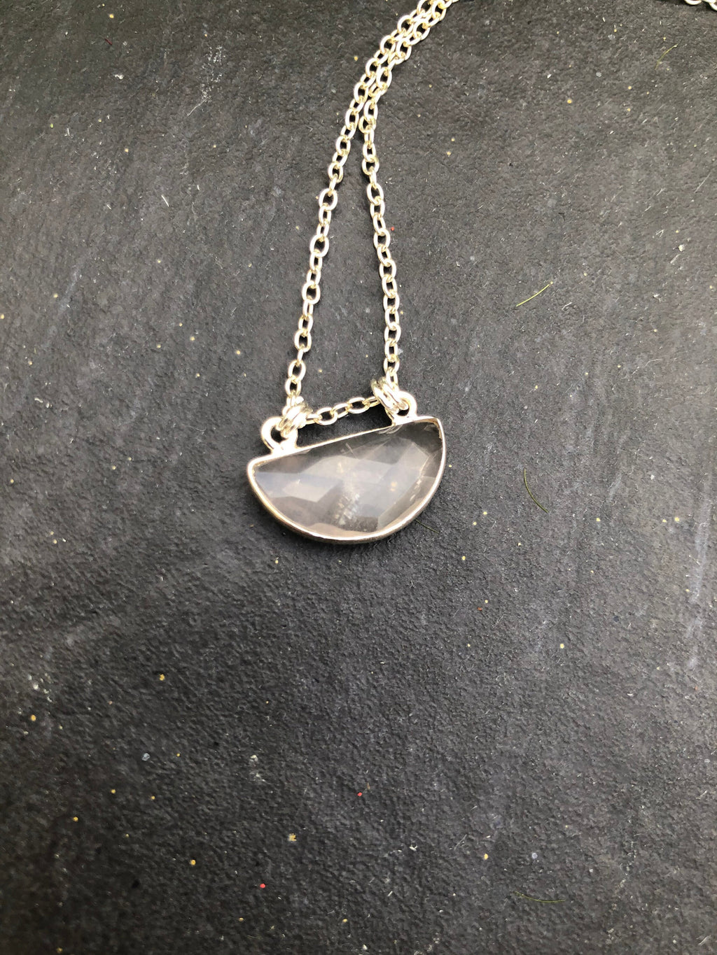 MossberryandStone Rose Quartz Half Moon Pendant Necklace Sterling Silver