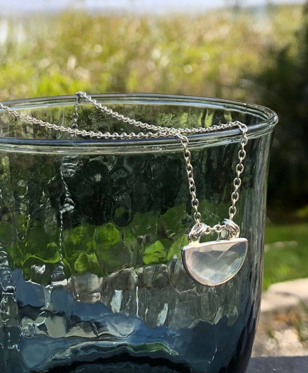 MossberryandStone Rose Quartz Half Moon Pendant Necklace Sterling Silver