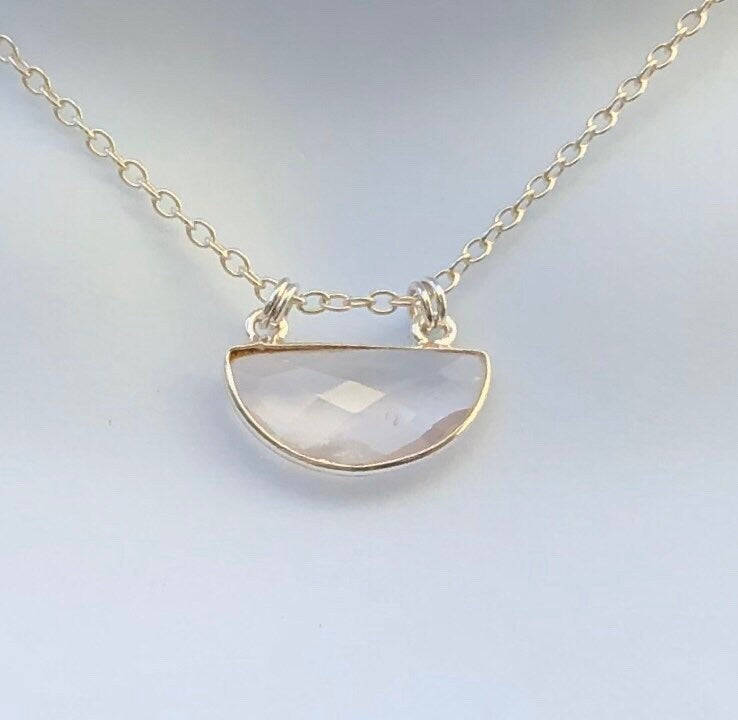 MossberryandStone Rose Quartz Half Moon Pendant Necklace Sterling Silver