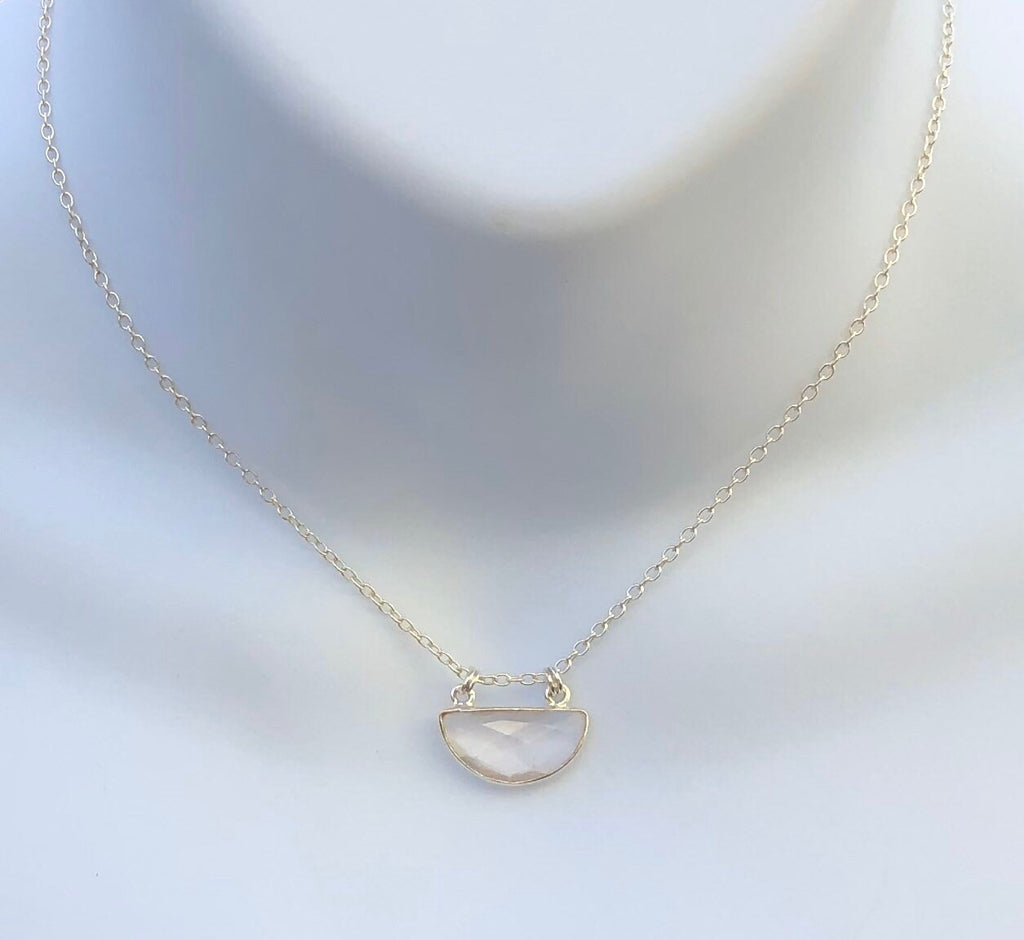 MossberryandStone Rose Quartz Half Moon Pendant Necklace Sterling Silver
