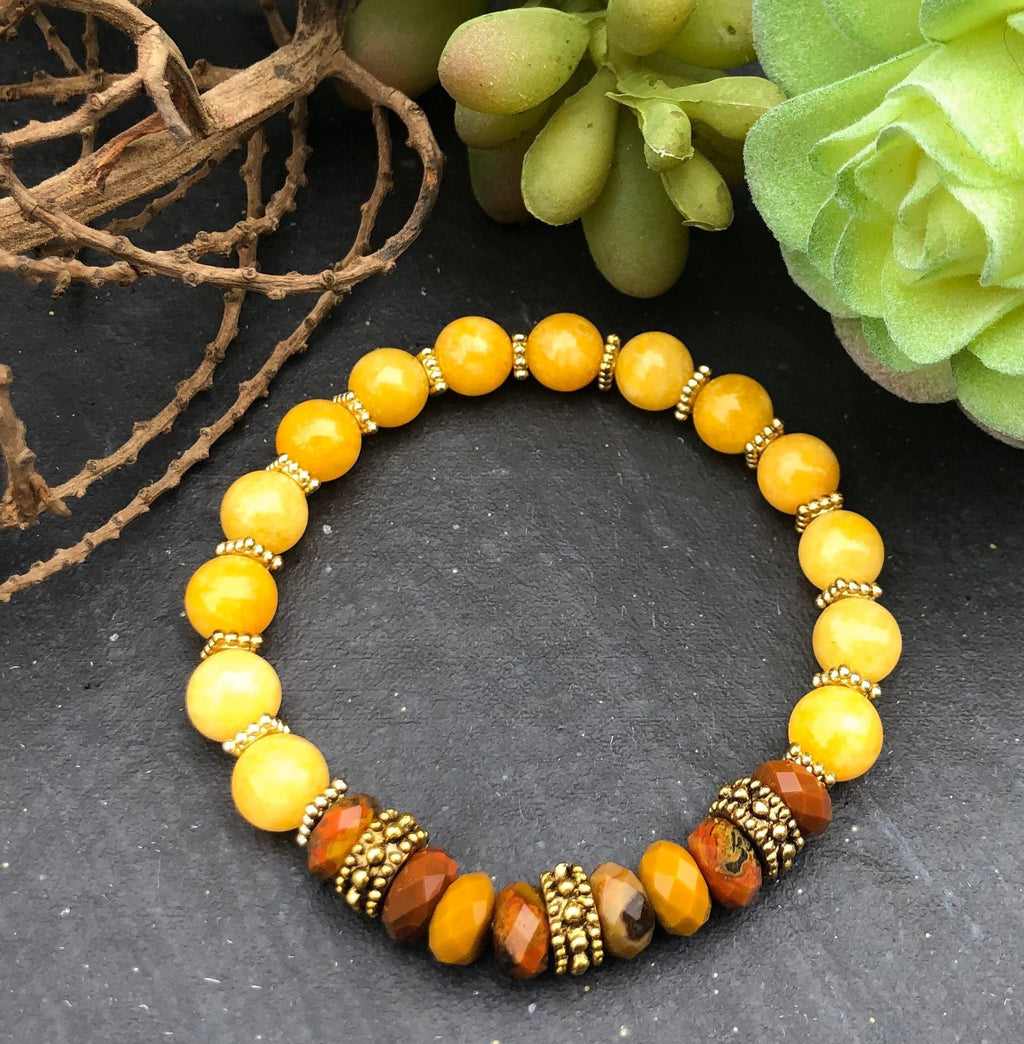 Warm Honey Jade Bracelet, Mookaite Bracelet, Antiqued Gold Bracelet, Beaded Bracelet, Stretch Bracelet, Stackable Bracelet