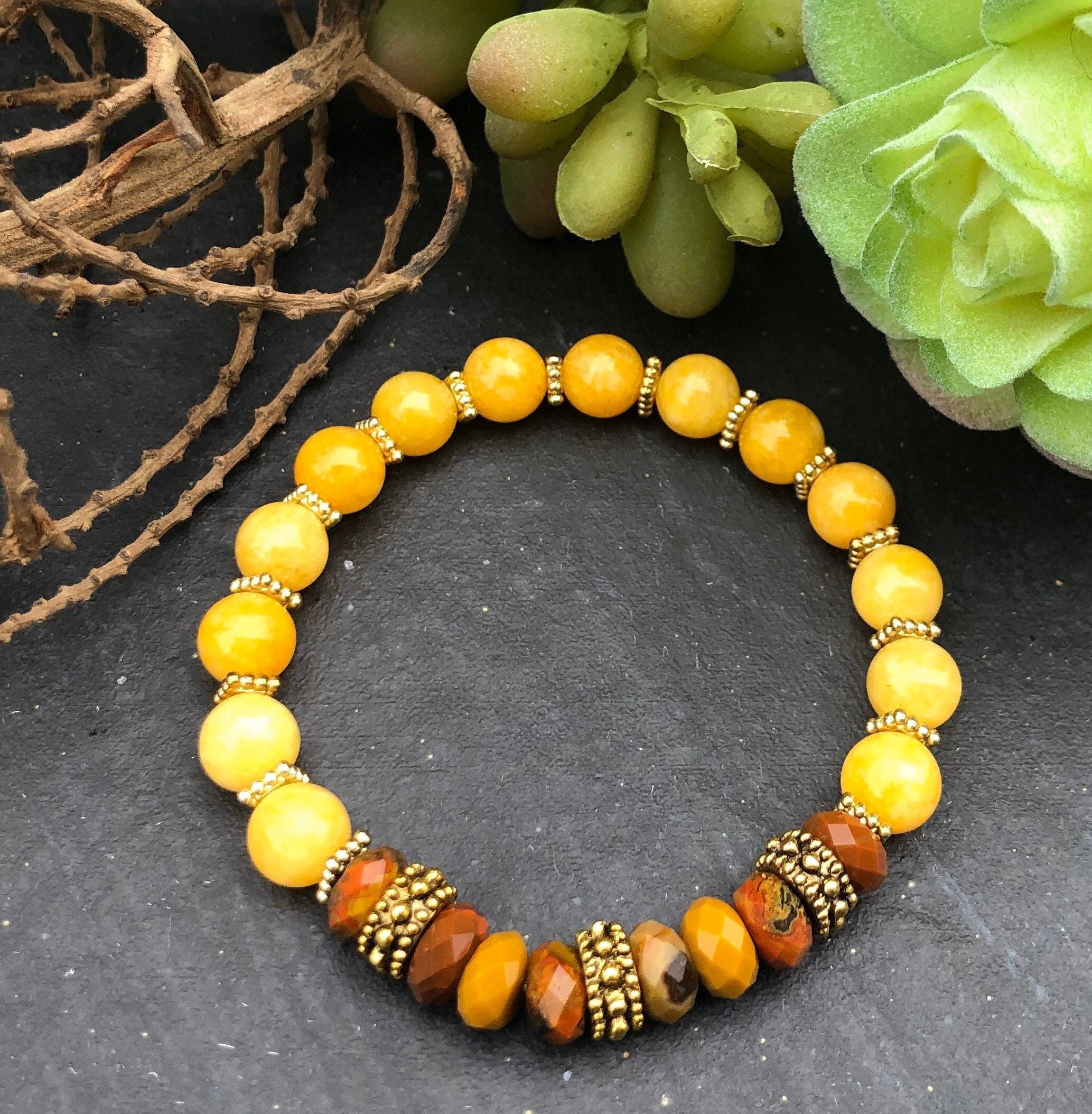 Warm Honey Jade Bracelet, Mookaite Bracelet, Antiqued Gold Bracelet, Beaded Bracelet, Stretch Bracelet, Stackable Bracelet