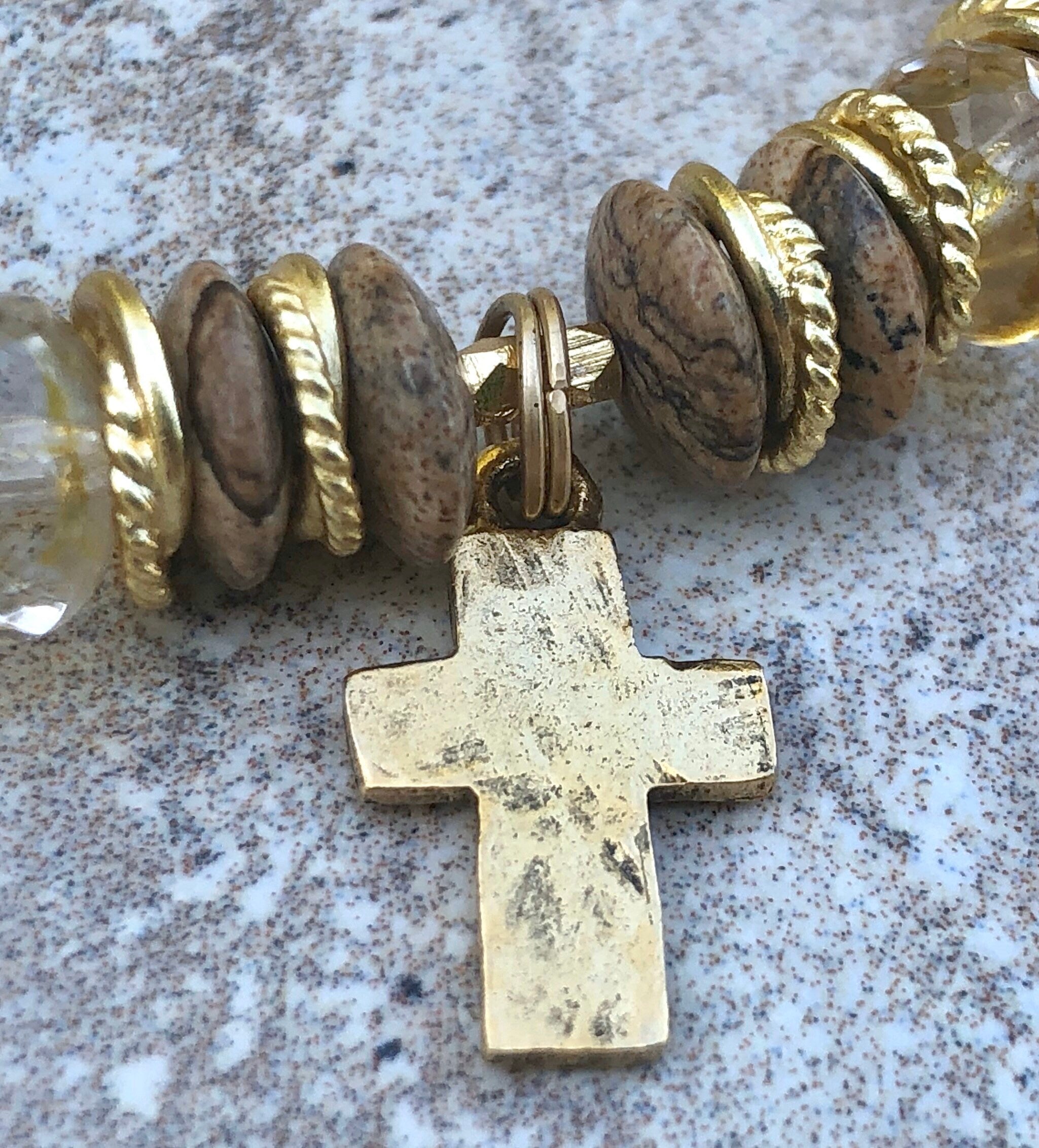 MossberryandStone Rustic Cross Beaded Bracelet Picture Jasper 8mm