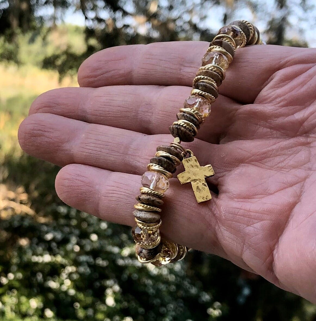 MossberryandStone Rustic Cross Beaded Bracelet Picture Jasper 8mm