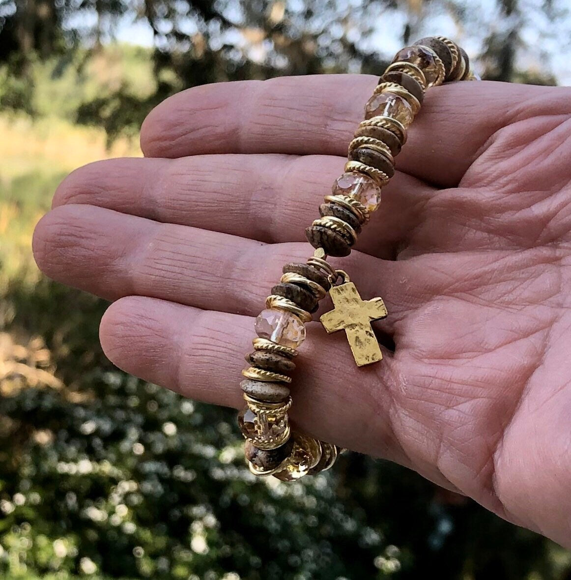MossberryandStone Rustic Cross Beaded Bracelet Picture Jasper 8mm