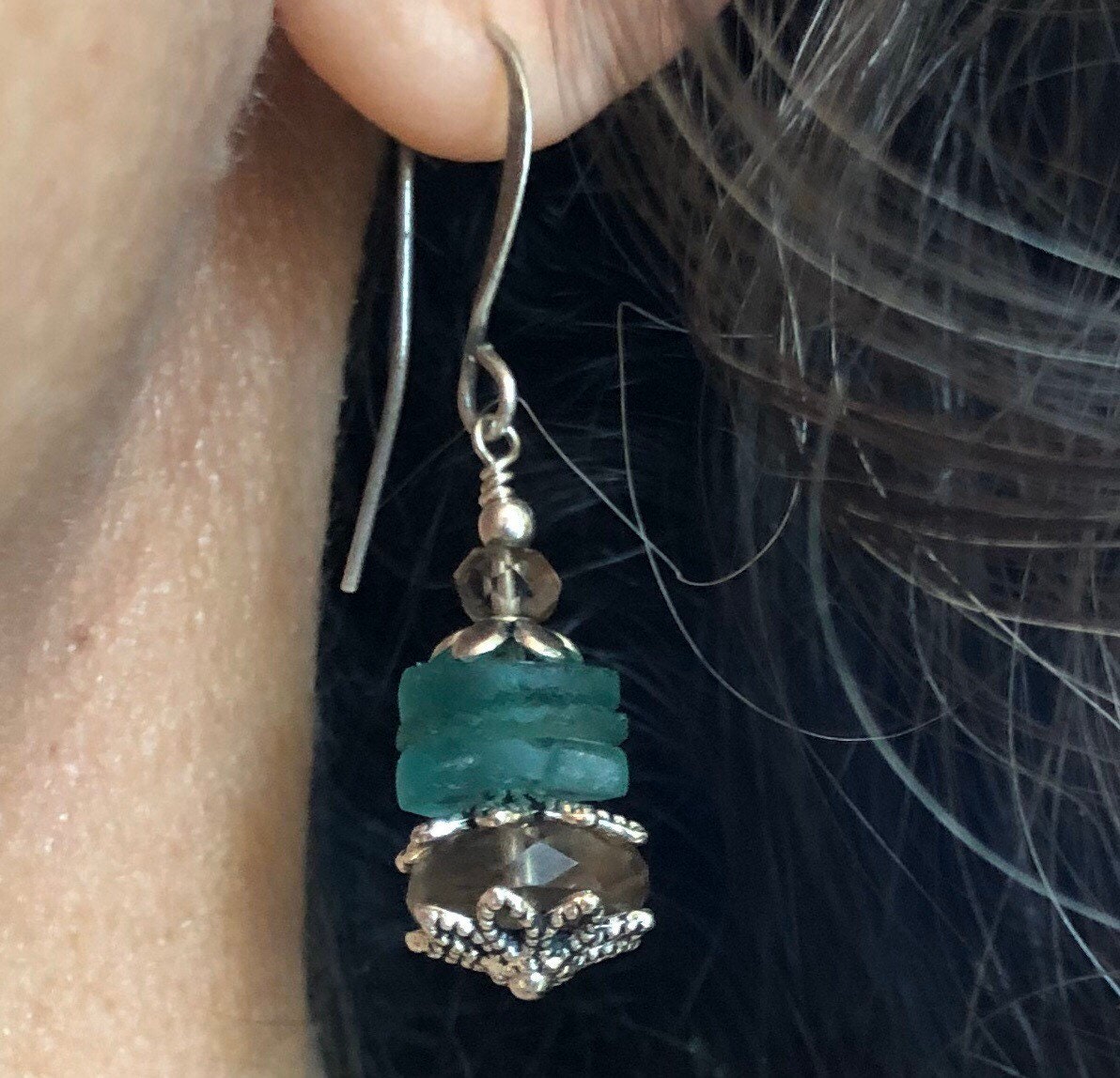 MossberryandStone Roman Glass and Smoky Quartz Dangle Earrings