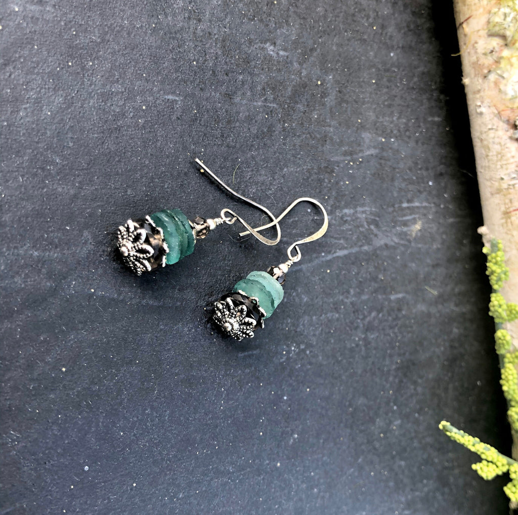 MossberryandStone Roman Glass and Smoky Quartz Dangle Earrings