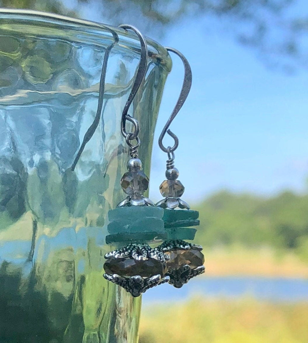 MossberryandStone Roman Glass and Smoky Quartz Dangle Earrings
