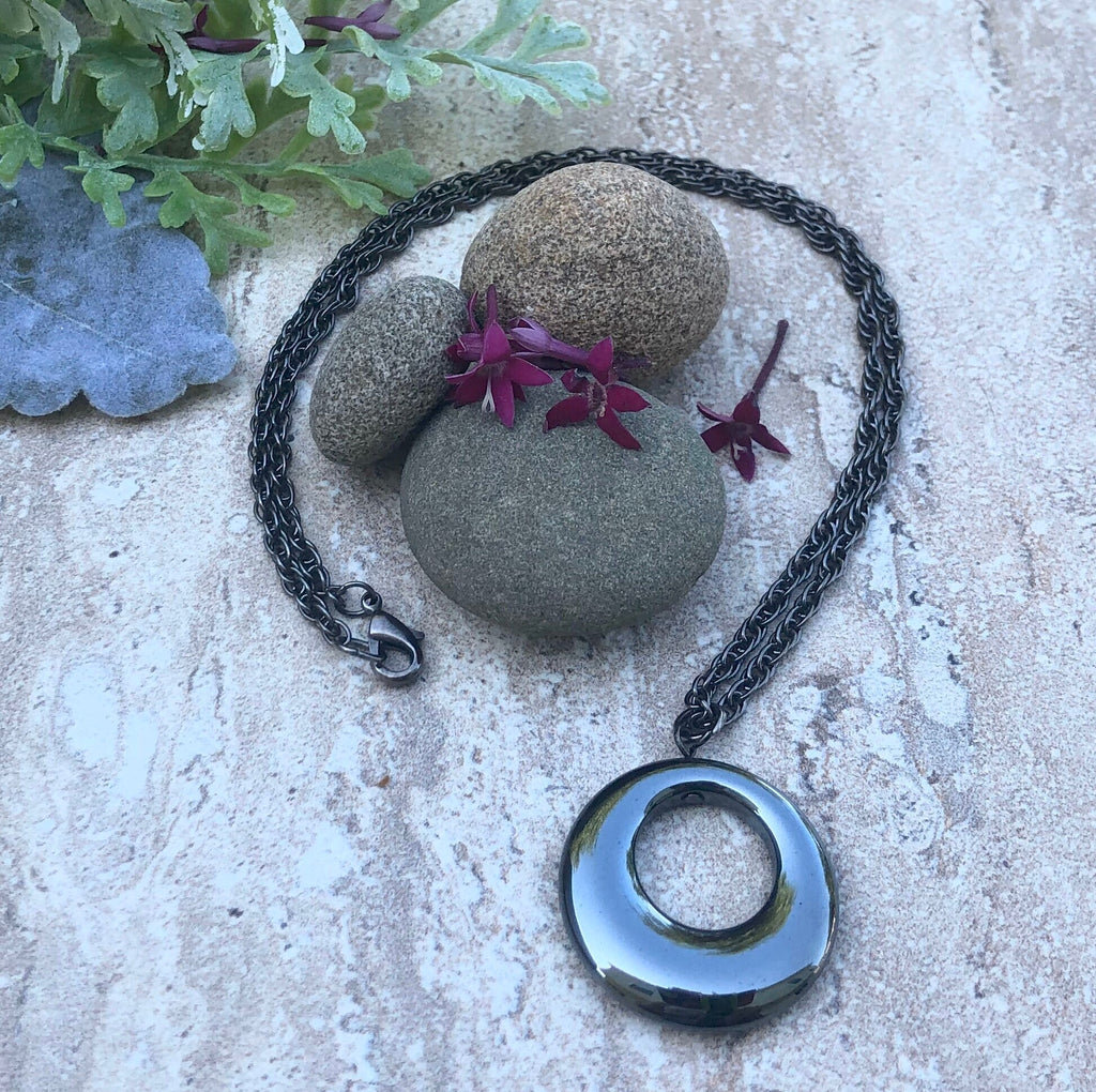 MossberryandStone Mod Circle Pendant Necklace Oxidized Silver Rope Chain