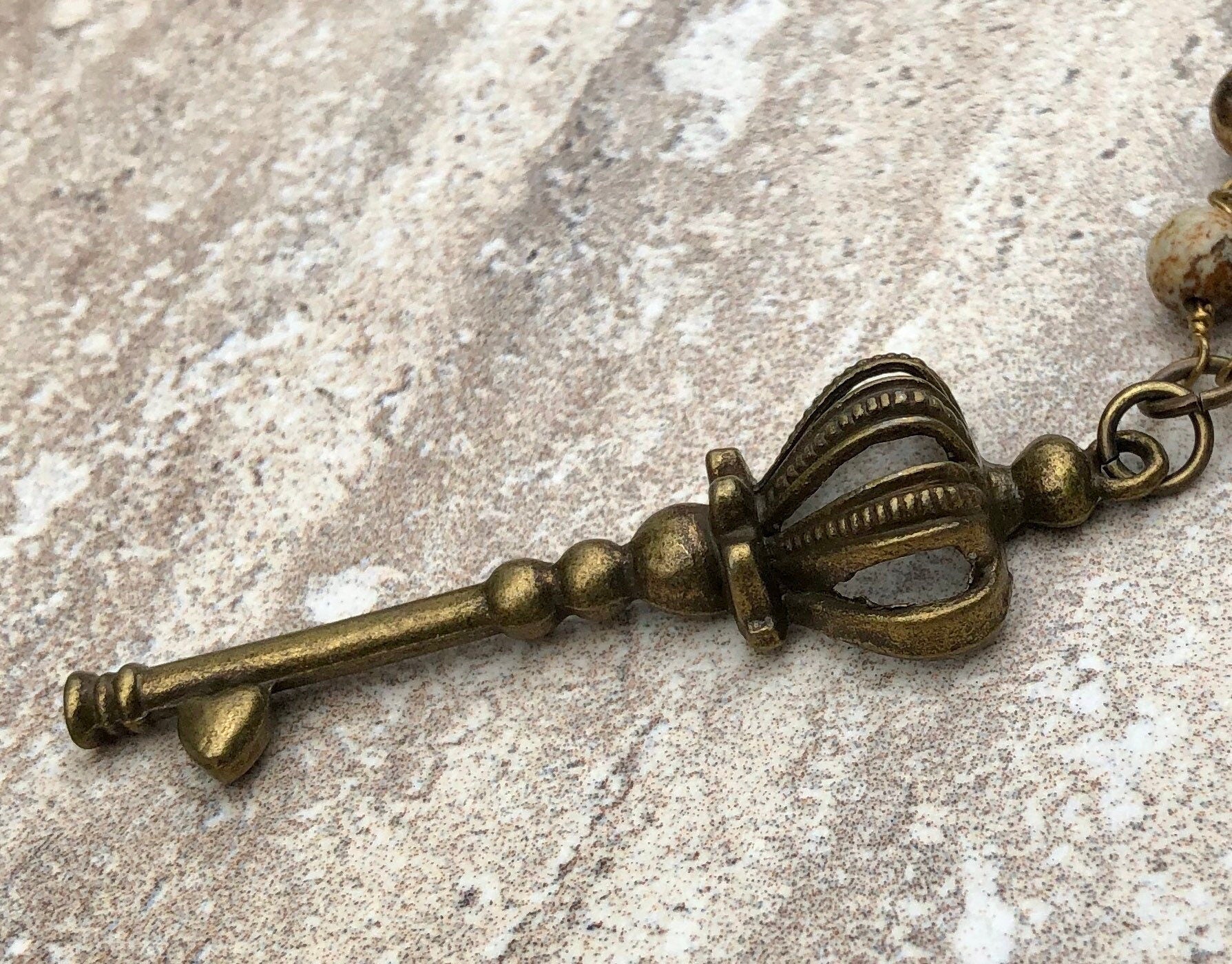 MossberryandStone Picture Jasper Crown Key Pendant Necklace 36in Bronze