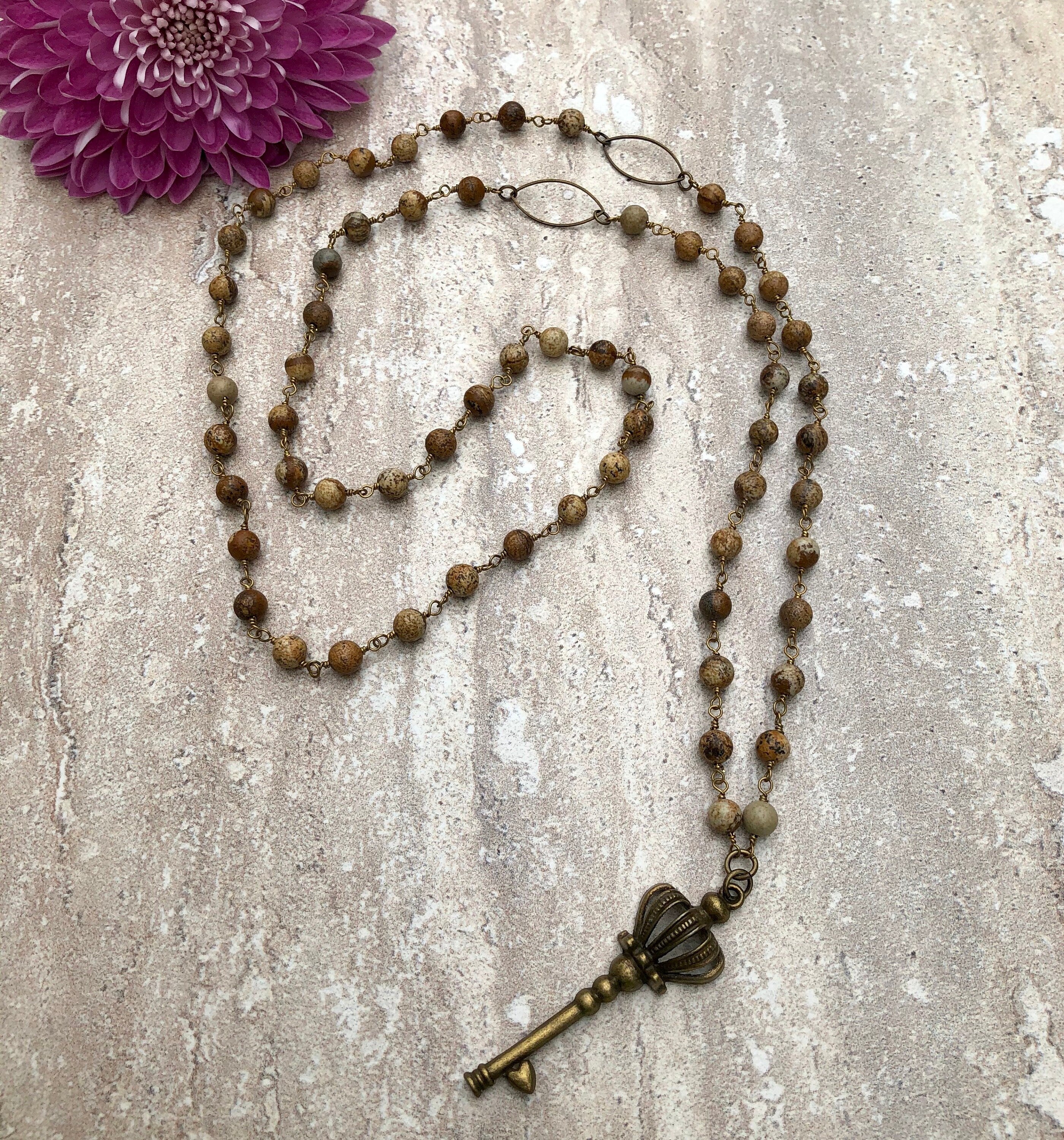 MossberryandStone Picture Jasper Crown Key Pendant Necklace 36in Bronze