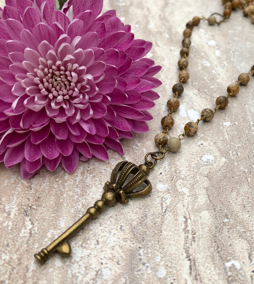 MossberryandStone Picture Jasper Crown Key Pendant Necklace 36in Bronze