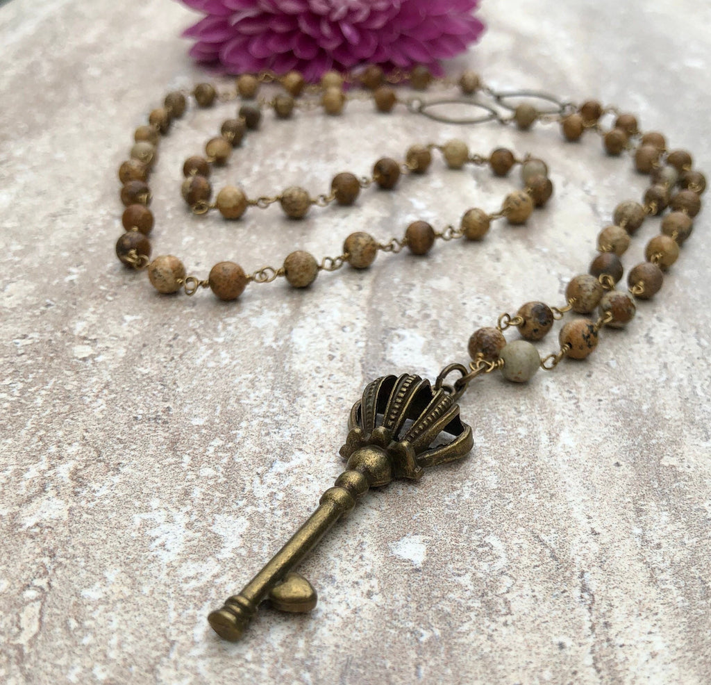 MossberryandStone Picture Jasper Crown Key Pendant Necklace 36in Bronze