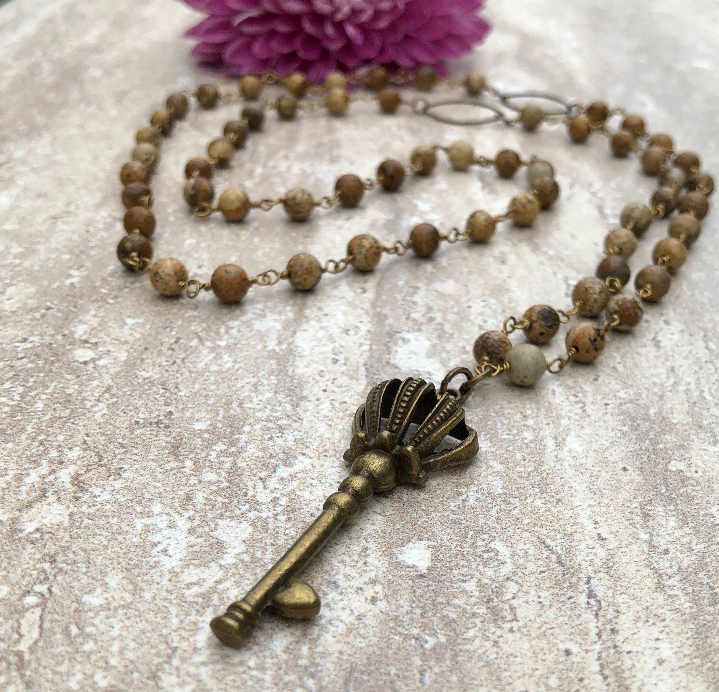 MossberryandStone Picture Jasper Crown Key Pendant Necklace 36in Bronze