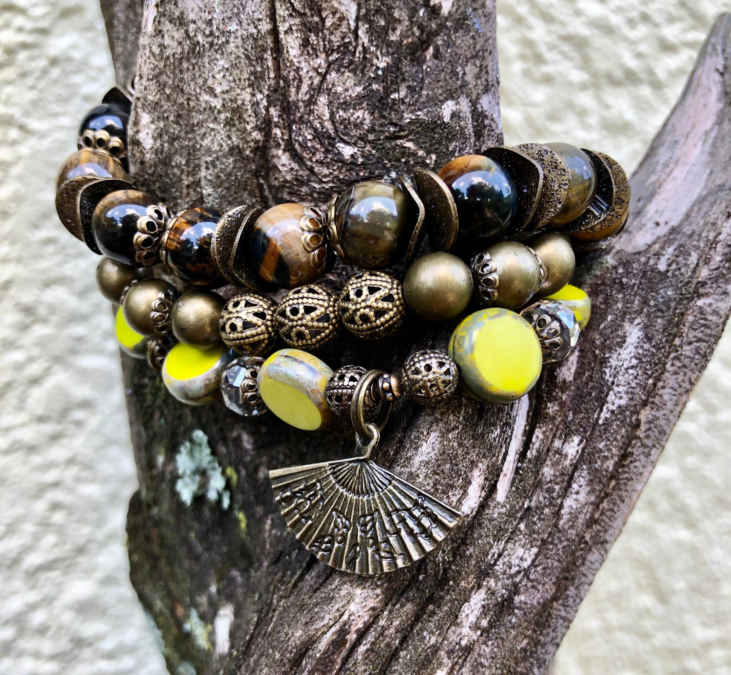MossberryandStone Fan Flare Beaded Stretch Bracelet Set 3-Piece
