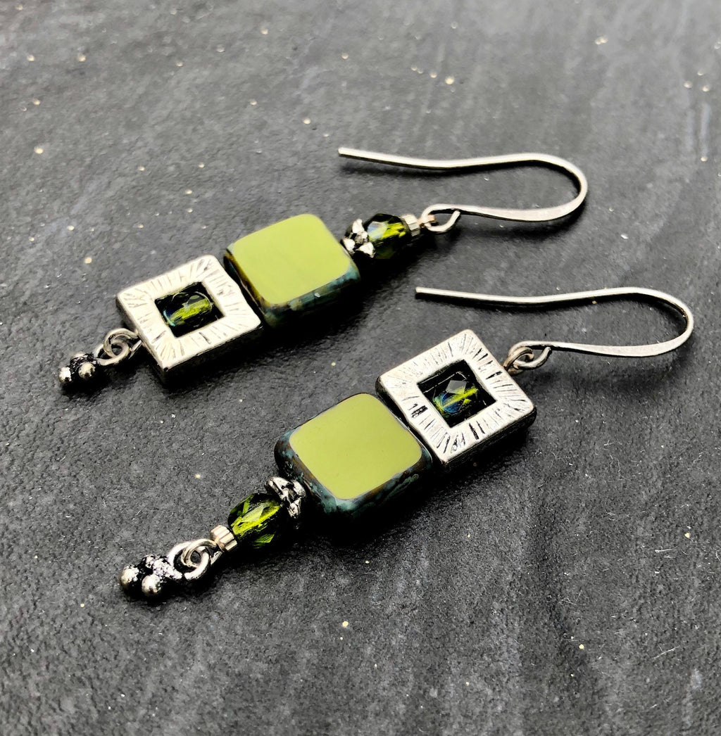 MossberryandStone Groovy Avocado Czech Glass Dangle Earrings 2in Silver