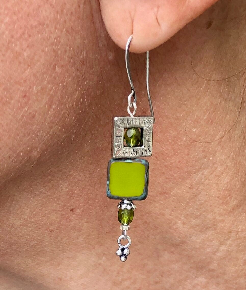 MossberryandStone Groovy Avocado Czech Glass Dangle Earrings 2in Silver