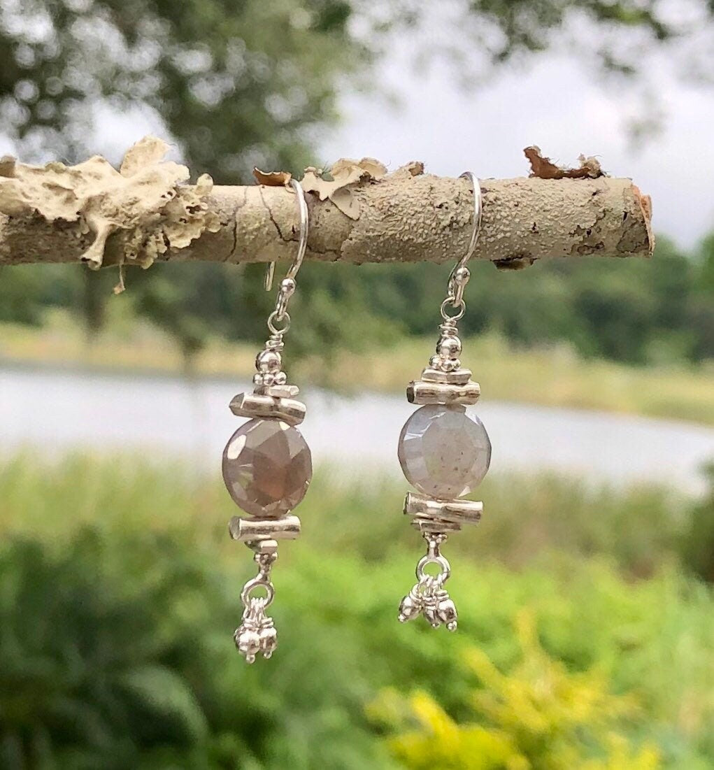 MossberryandStone Mystic Moonstone Sterling Silver Beaded Dangle Earrings