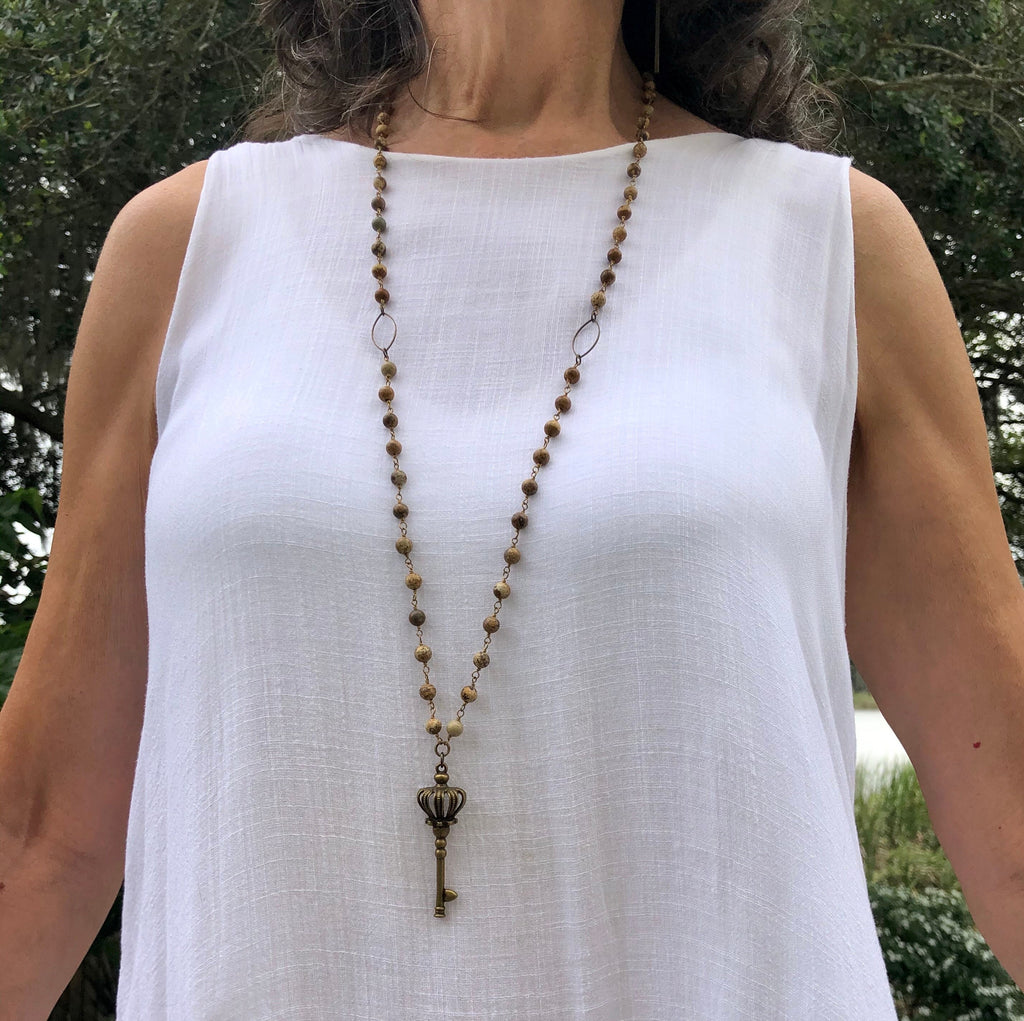 MossberryandStone Picture Jasper Crown Key Pendant Necklace 36in Bronze