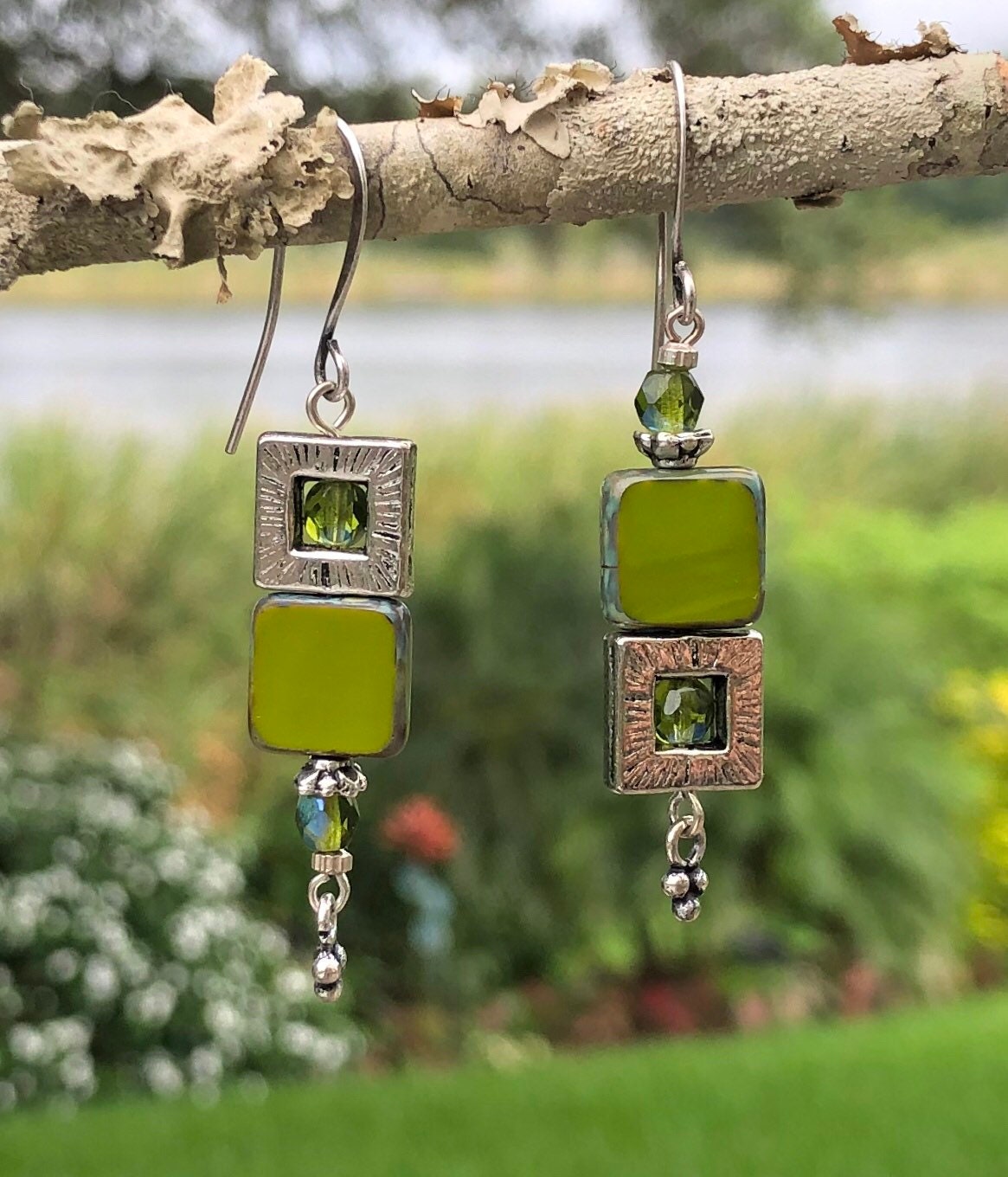 MossberryandStone Groovy Avocado Czech Glass Dangle Earrings 2in Silver