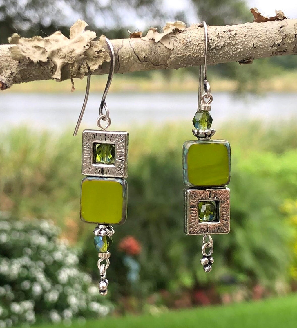 MossberryandStone Groovy Avocado Czech Glass Dangle Earrings 2in Silver