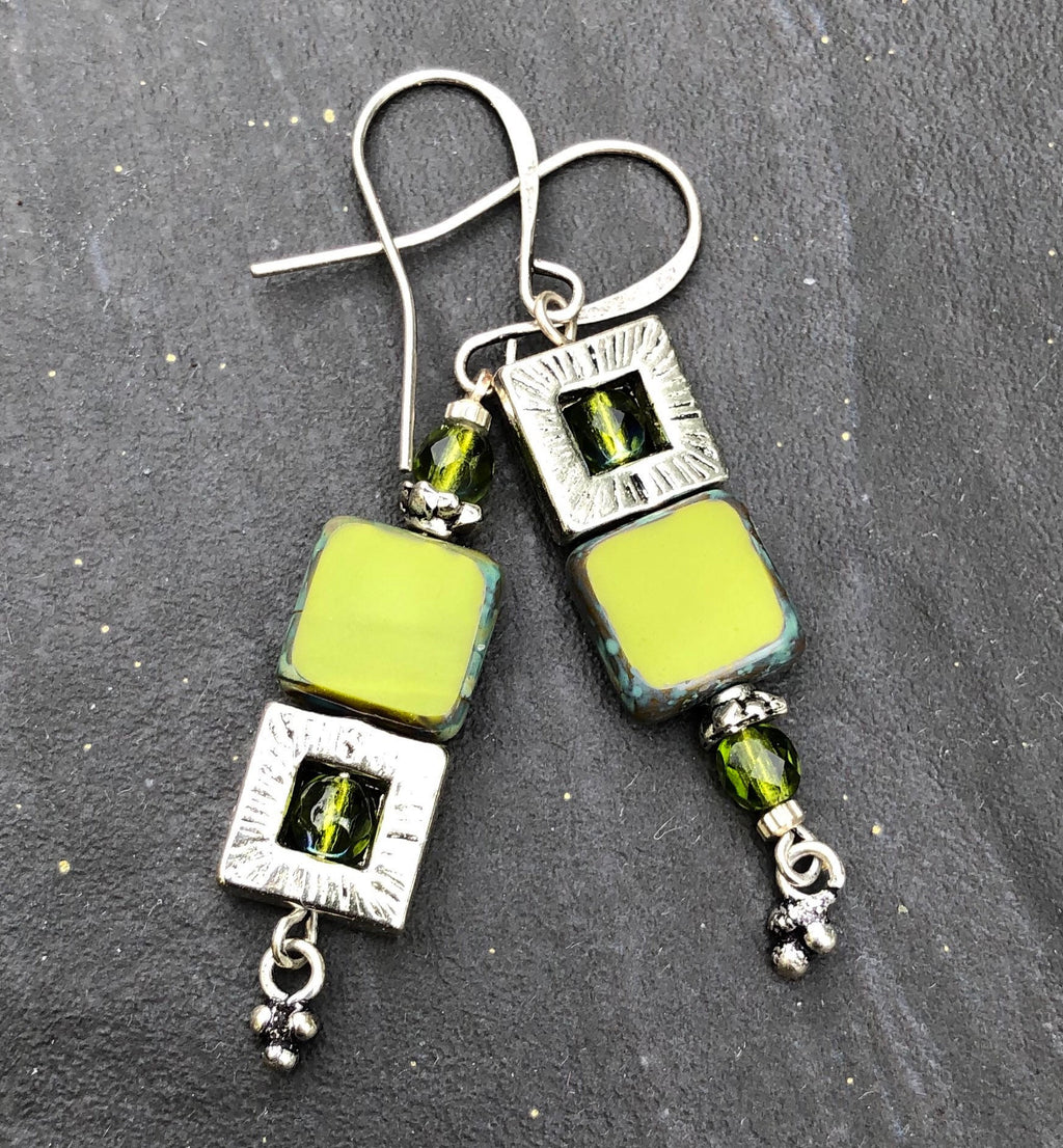 MossberryandStone Groovy Avocado Czech Glass Dangle Earrings 2in Silver