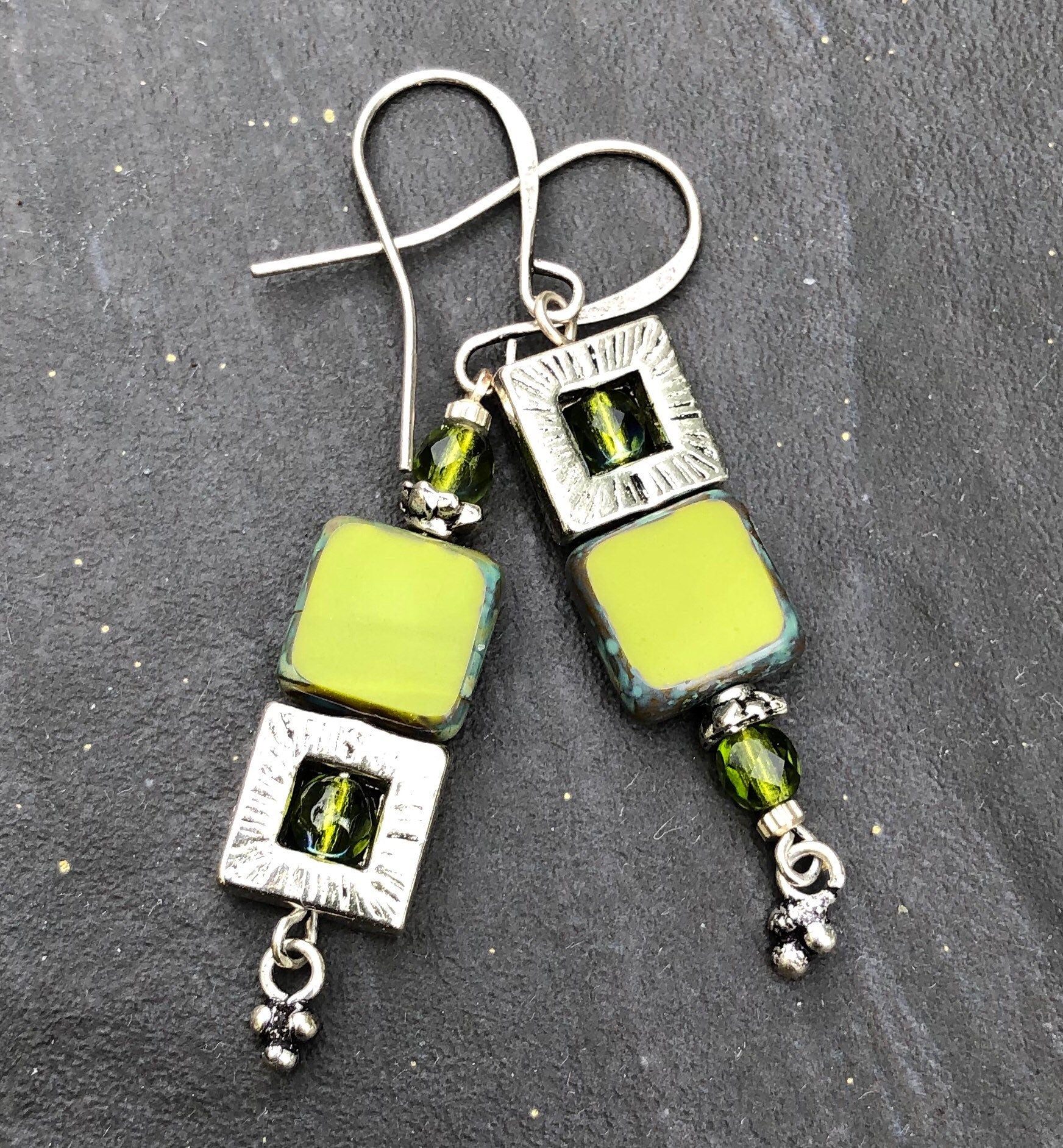 MossberryandStone Groovy Avocado Czech Glass Dangle Earrings 2in Silver