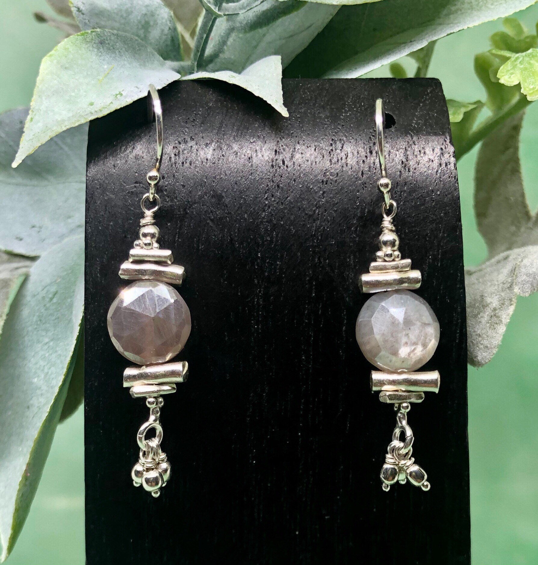 MossberryandStone Mystic Moonstone Sterling Silver Beaded Dangle Earrings