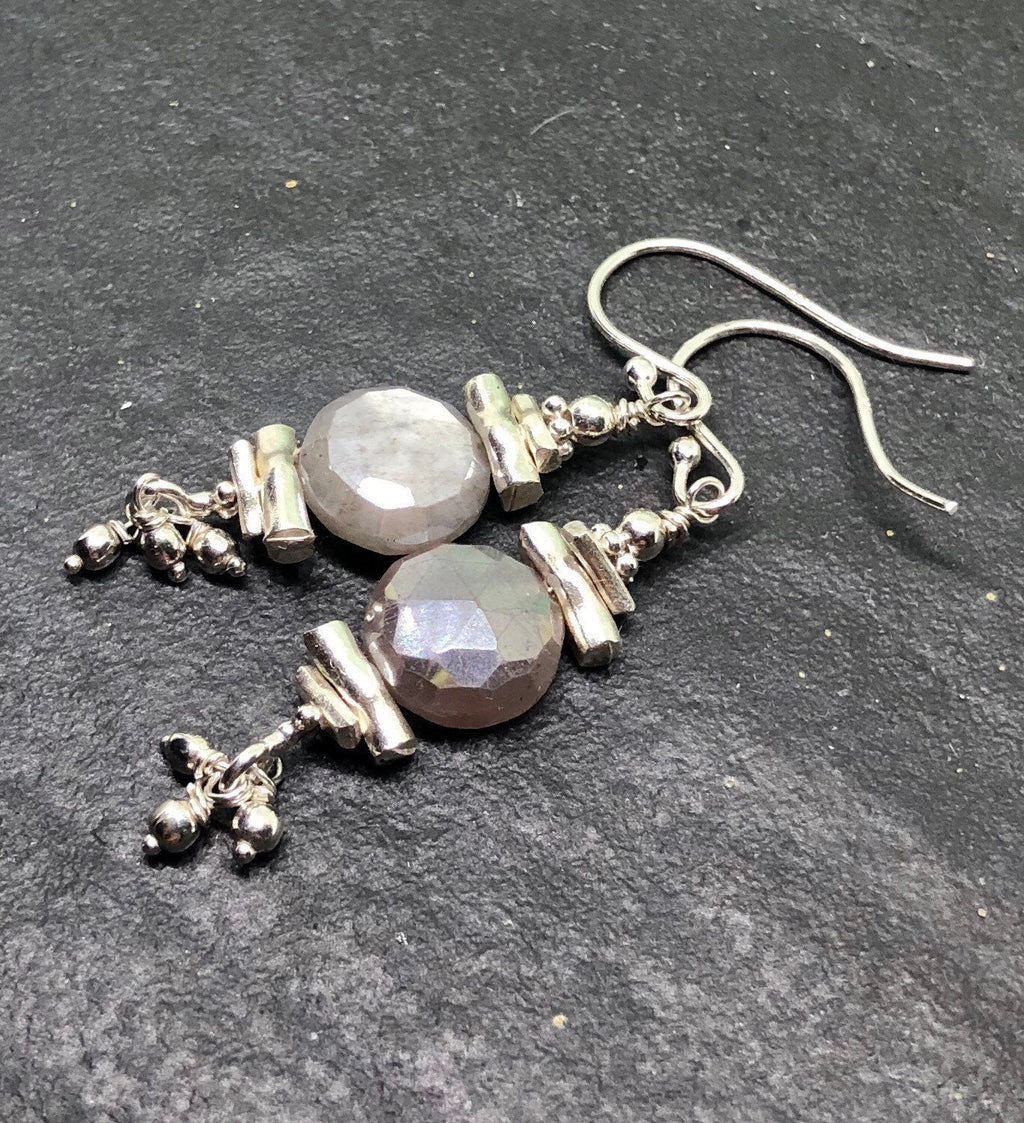 MossberryandStone Mystic Moonstone Sterling Silver Beaded Dangle Earrings