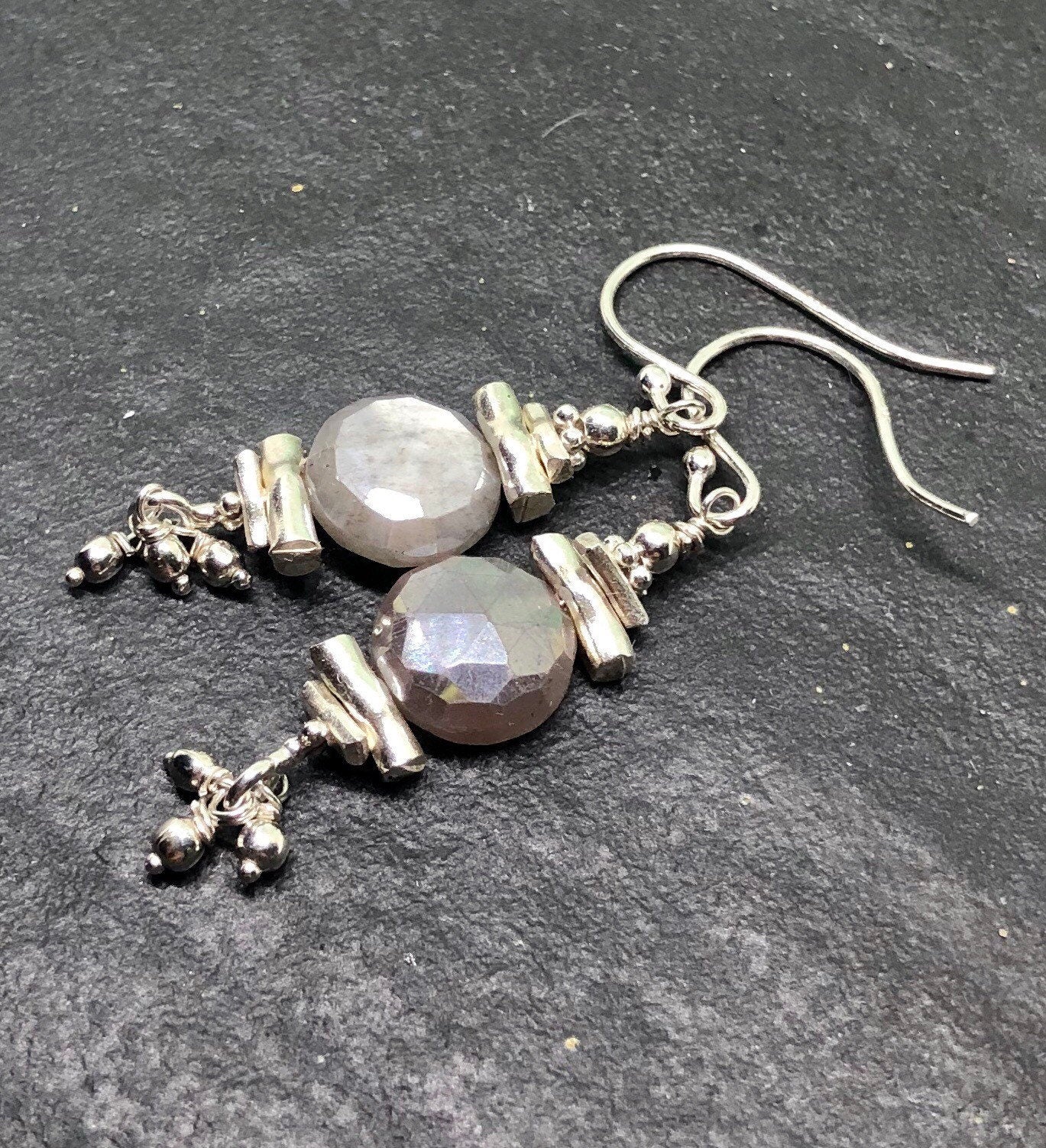 MossberryandStone Mystic Moonstone Sterling Silver Beaded Dangle Earrings