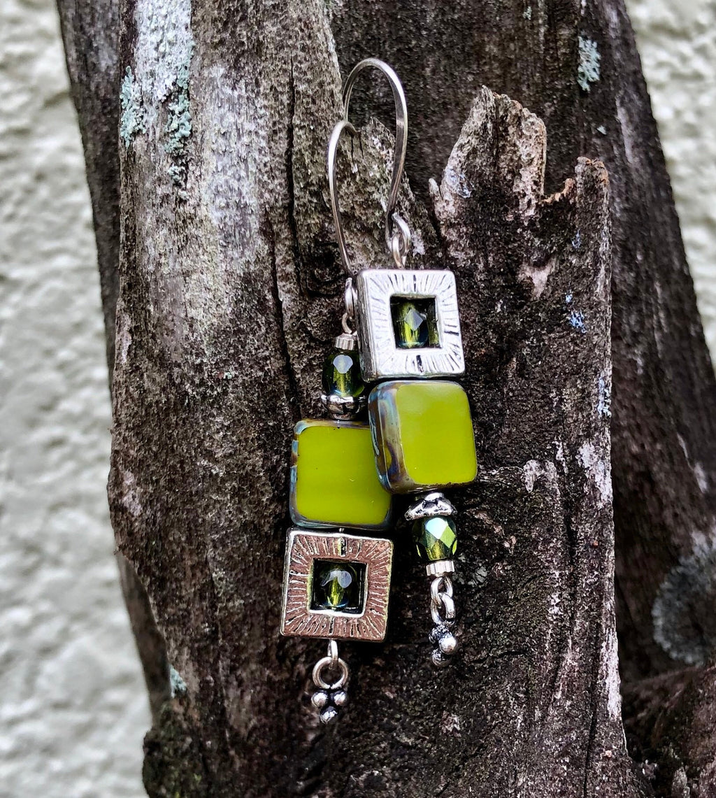 MossberryandStone Groovy Avocado Czech Glass Dangle Earrings 2in Silver