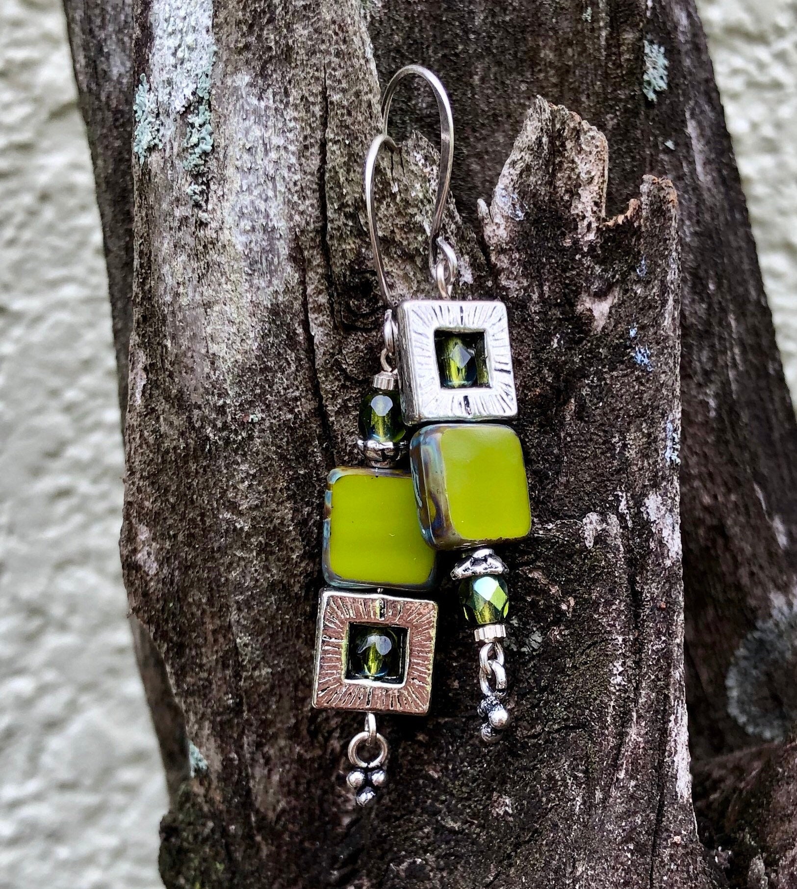 MossberryandStone Groovy Avocado Czech Glass Dangle Earrings 2in Silver