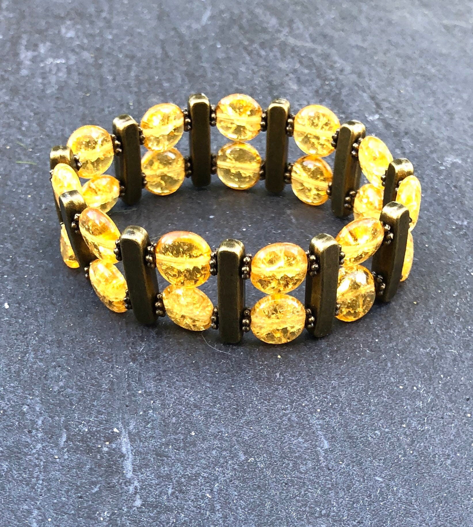 MossberryandStone Double Tier Beaded Bracelet Crackled Amber Resin Antique Brass